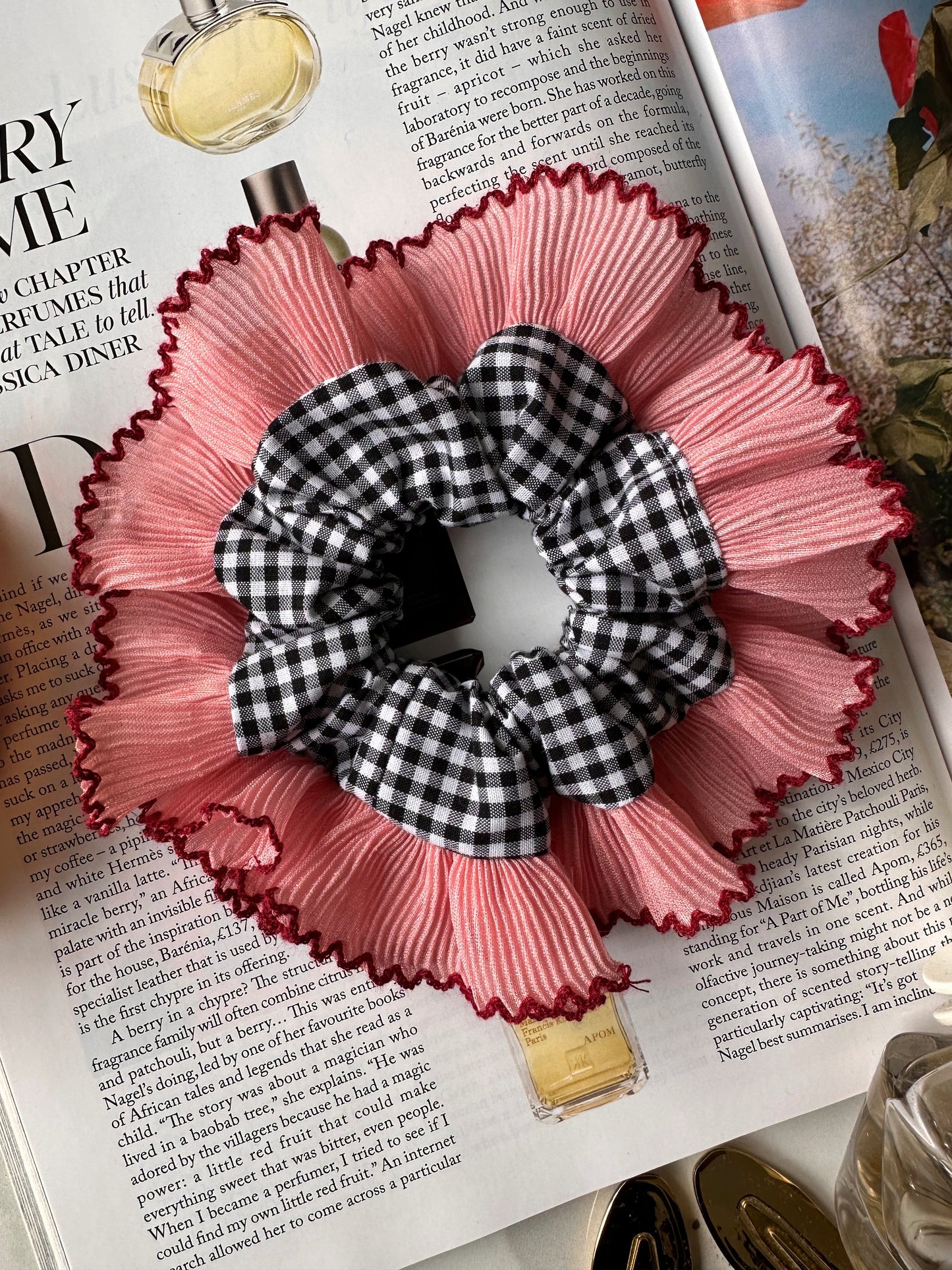 Mini Oversized Black Gingham Scrunchie with Pink Frill Trim