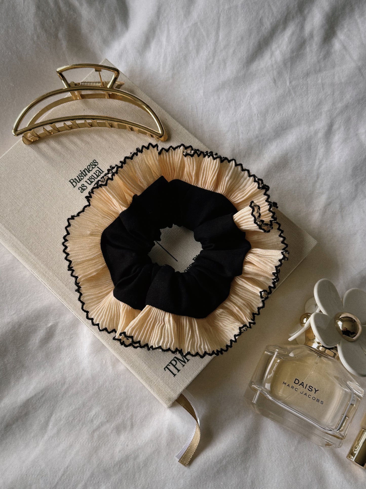 Smaller Oversized Black Scrunchie with Ivory and Black Frill Trim