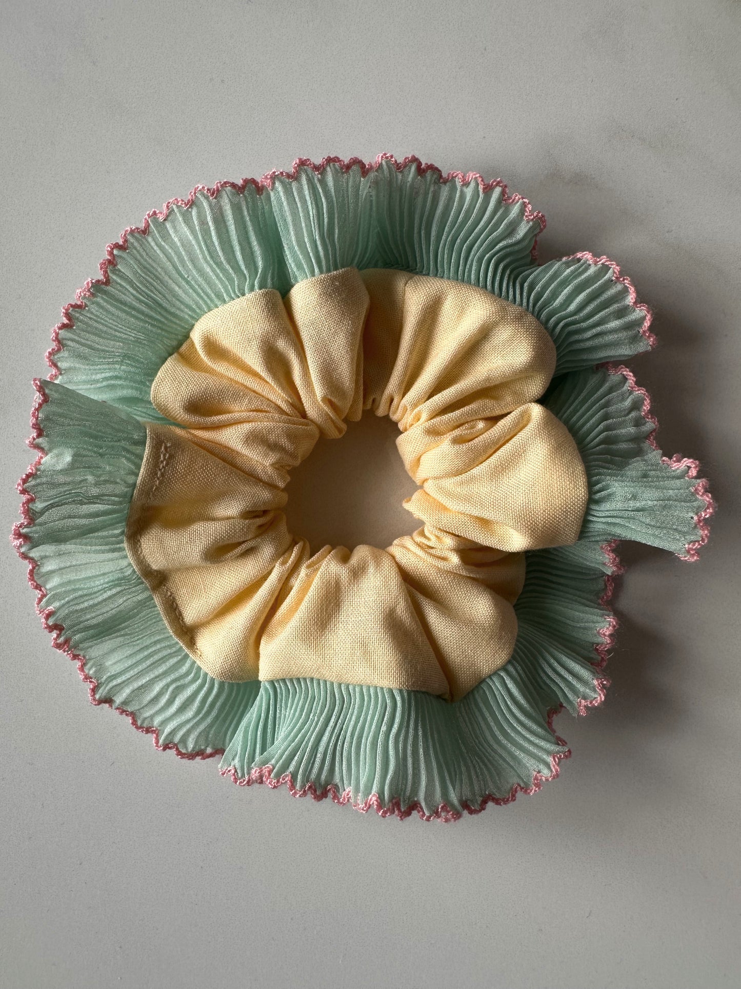 Mini Oversized Butter Yellow Scrunchie with Green Frill Trim