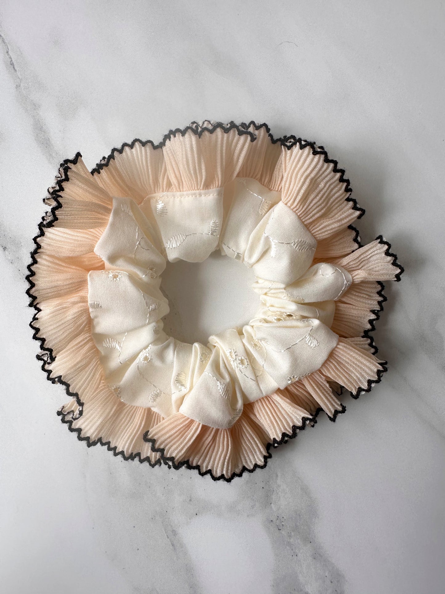 Cream Broderie Anglaise Scrunchie with Cream and Black Frill Trim