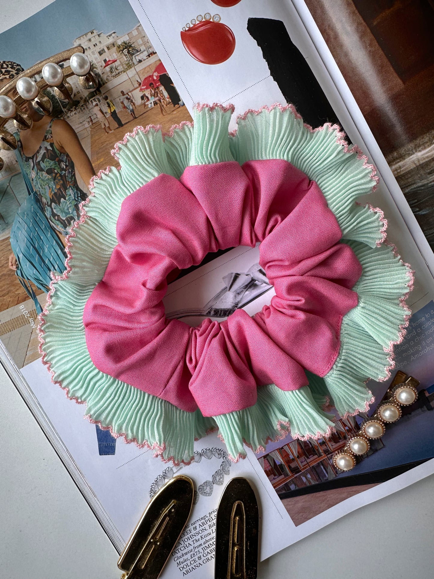 Pink Scrunchie with Green and Pink Frill Trim