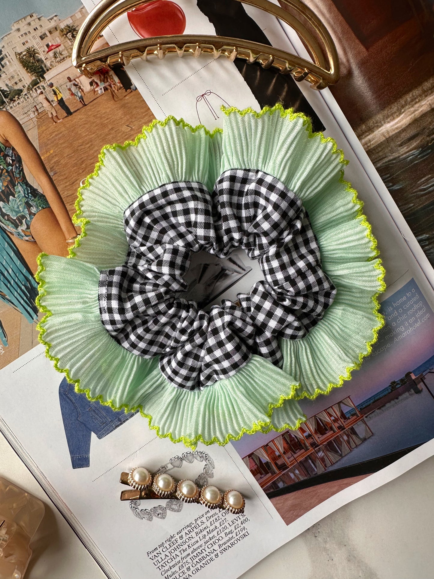 Mini Oversized Black Gingham Scrunchie with Green Frill Trim