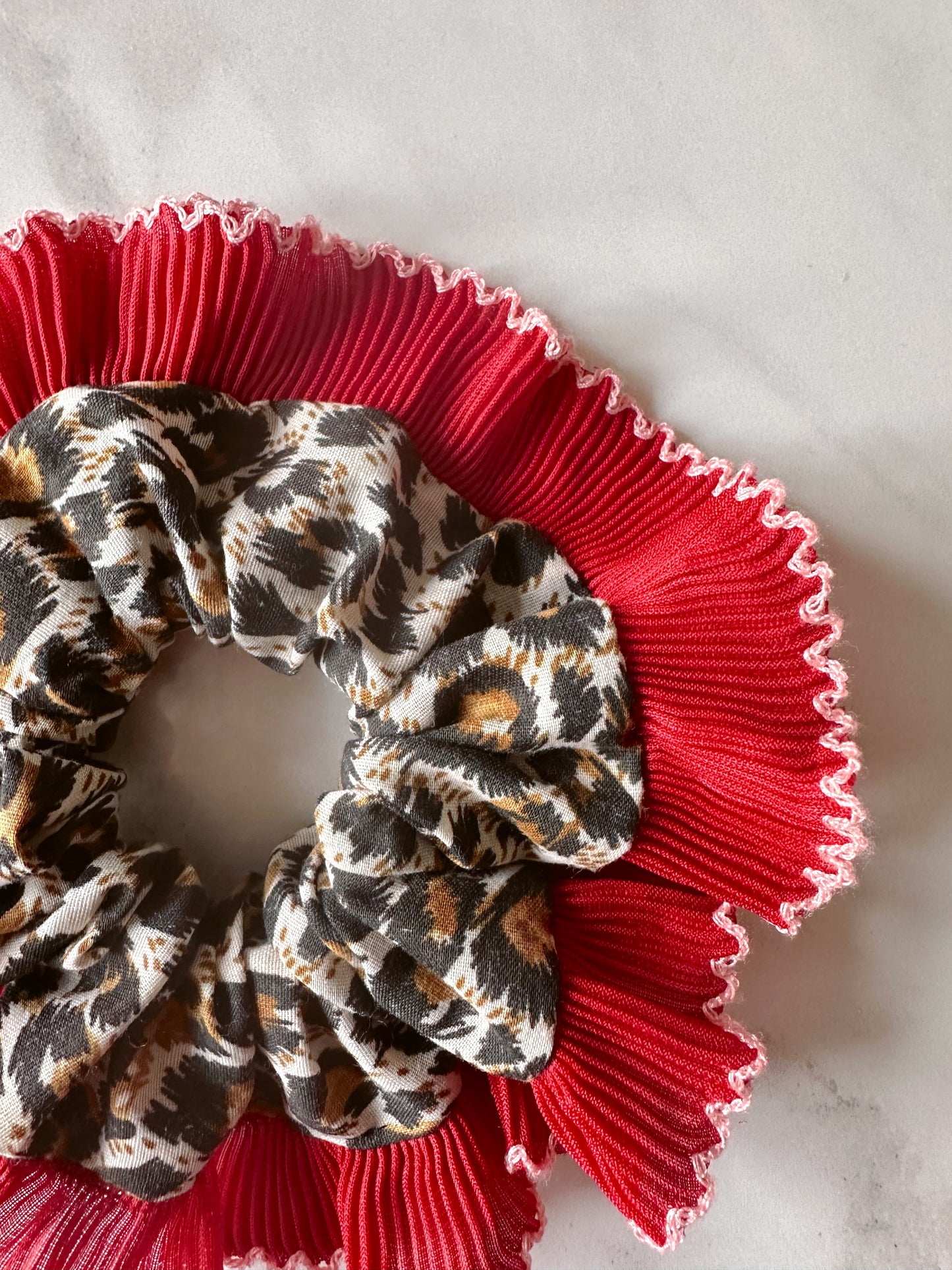 Mini Oversized Leopard Print Scrunchie with a Red Frill Trim