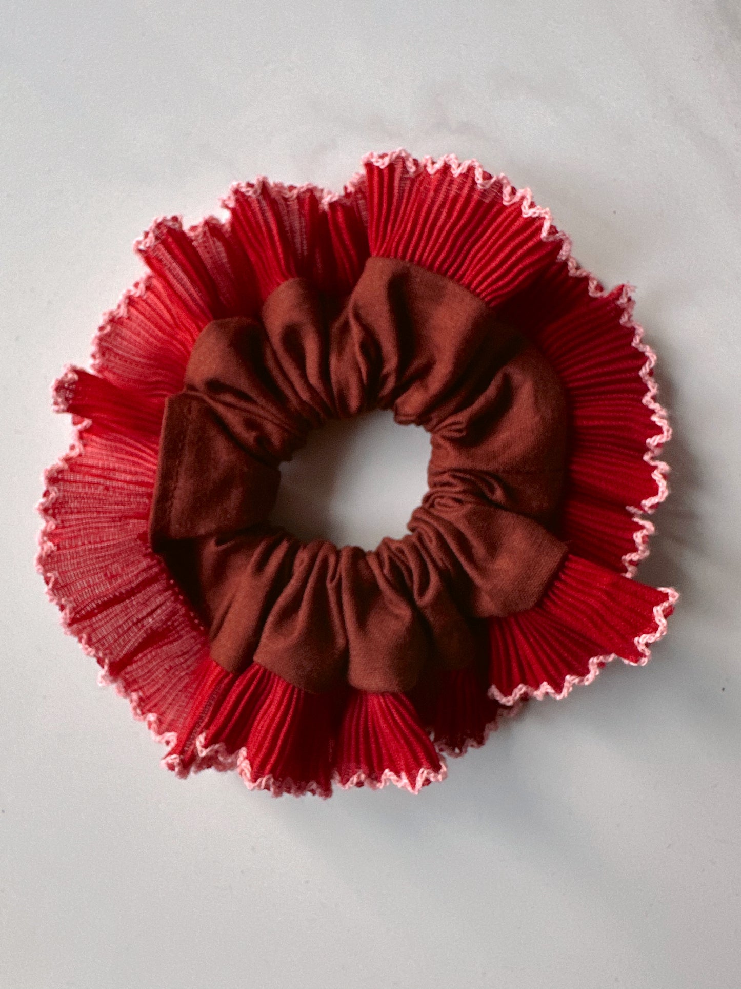 Smaller Oversized Brown Scrunchie with Red Frill Trim