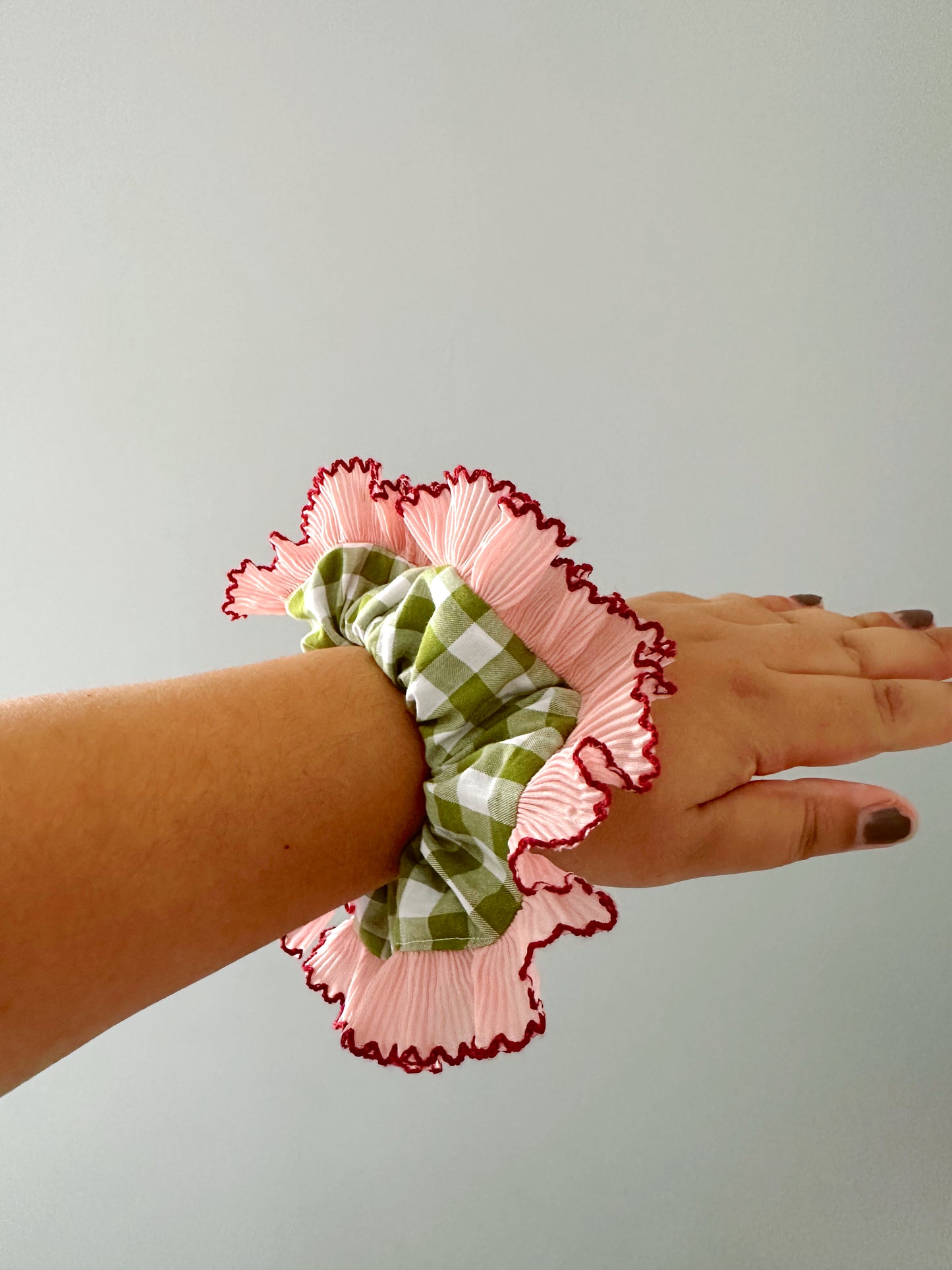 Handmade XL Olive Green Gingham Scrunchie with Pink Frill Trim