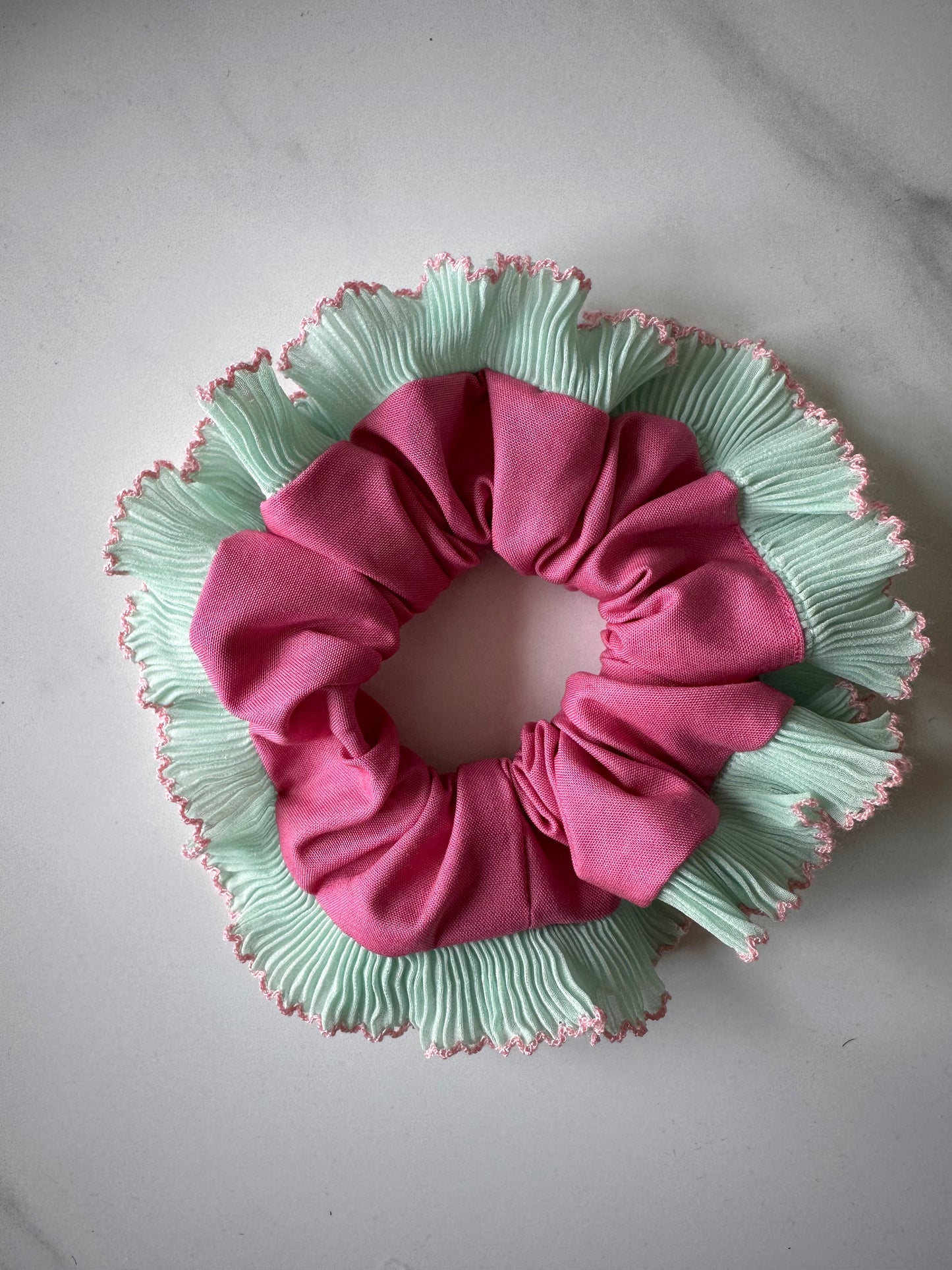 Pink Scrunchie with Green and Pink Frill Trim