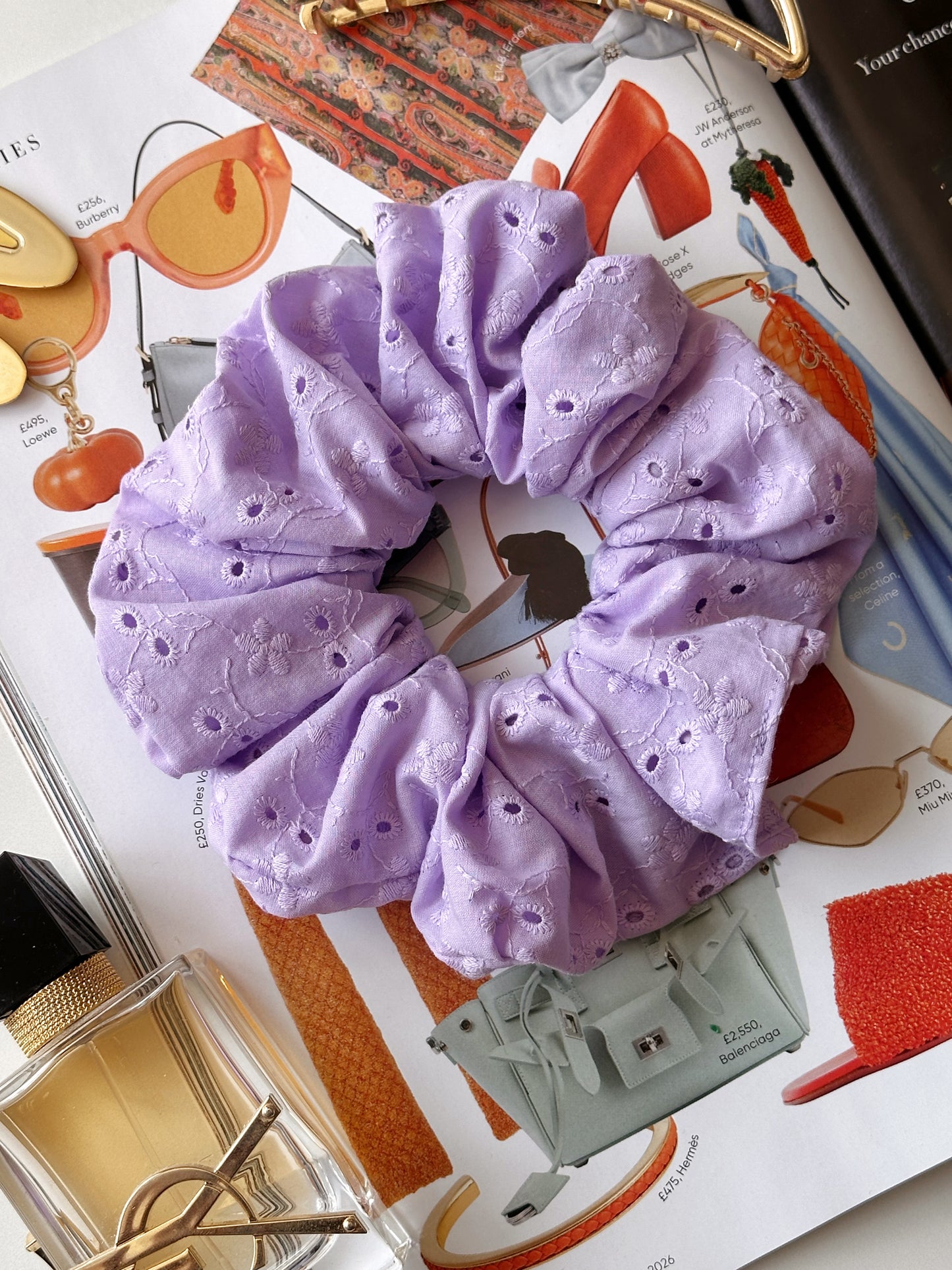 Lilac Broderie Anglaise Embroidered Scrunchie