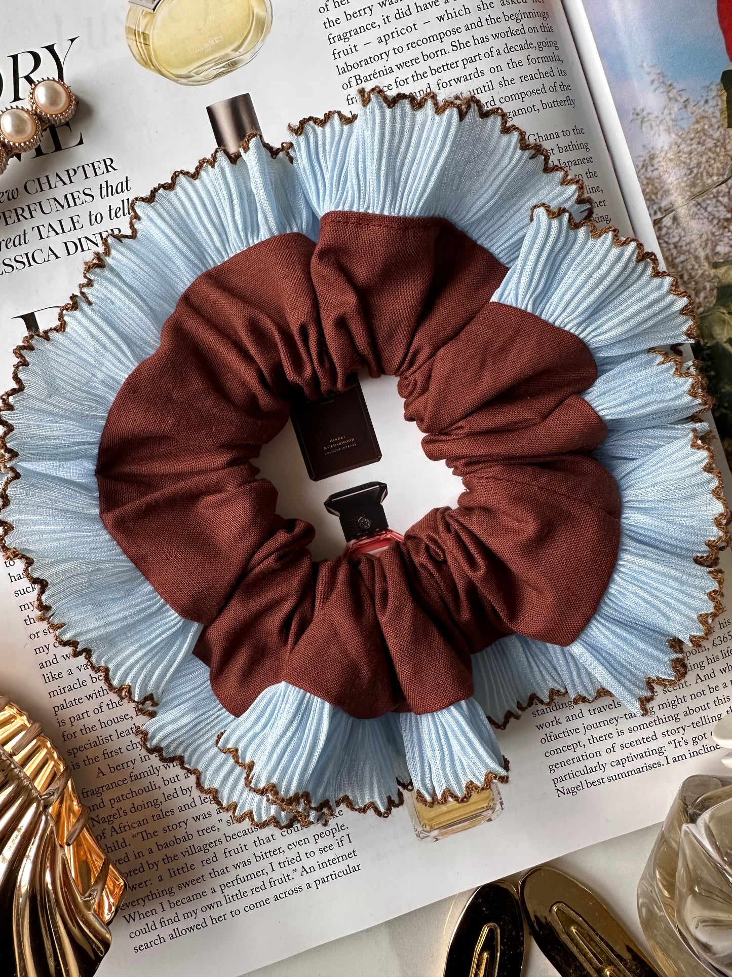 XL Chocolate Brown Scrunchie with Baby Blue Frill Trim