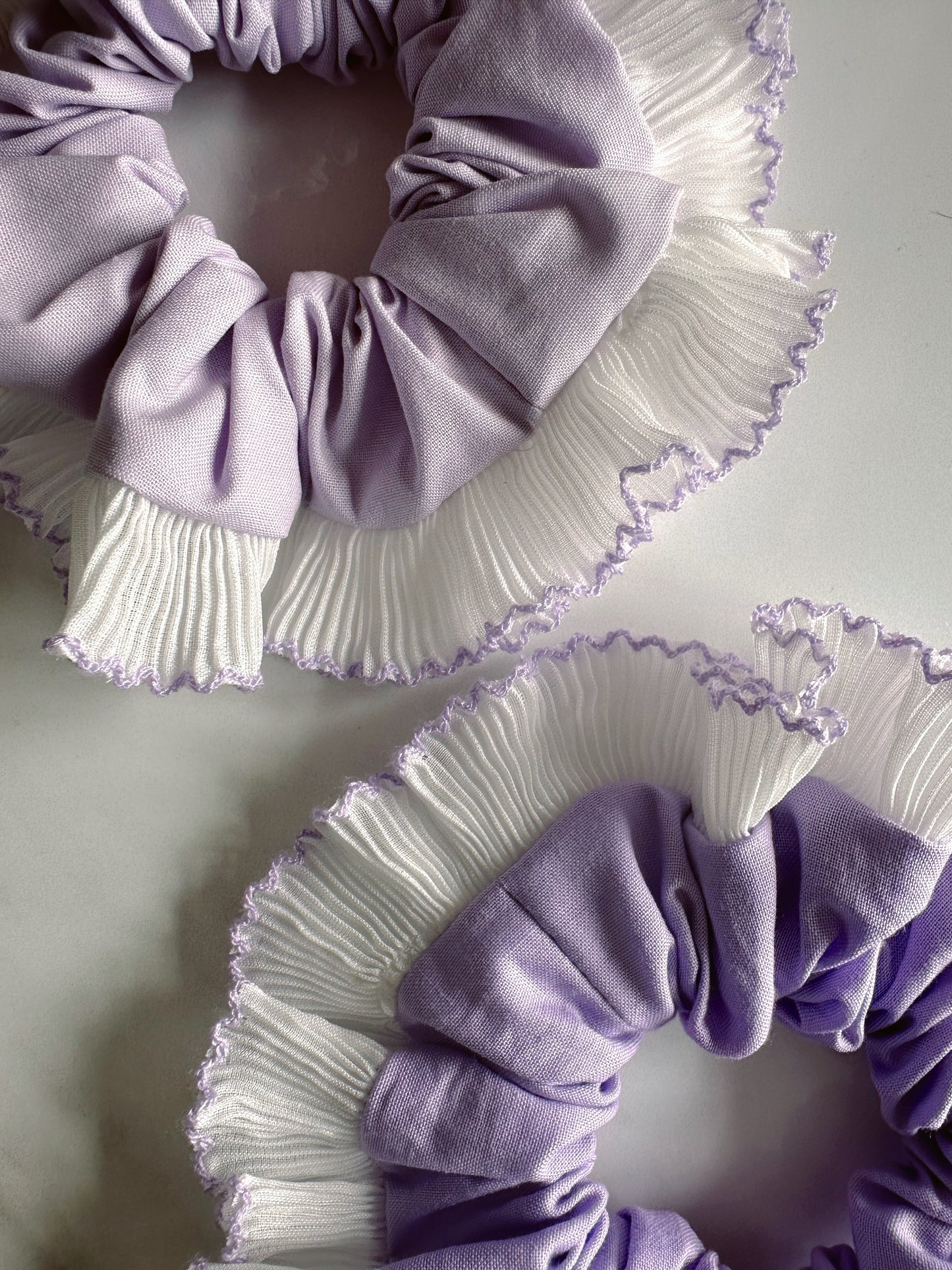 Handmade XL Lavender Purple Scrunchie with White and Purple Frill Trim