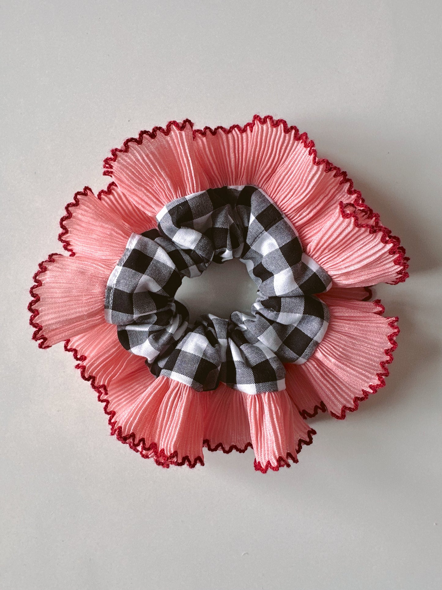 Mini Oversized Black Gingham Scrunchie with Pink Frill Trim