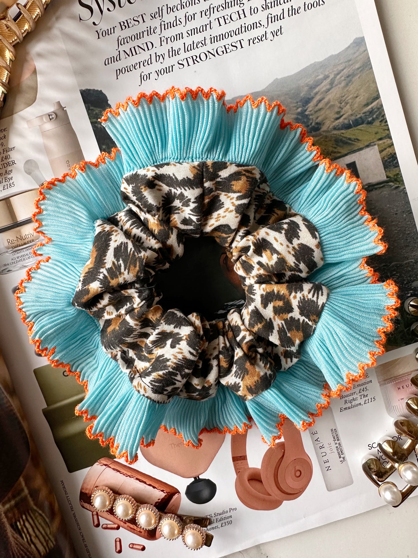 Mini Oversized Leopard Print Scrunchie with a Blue Frill Trim