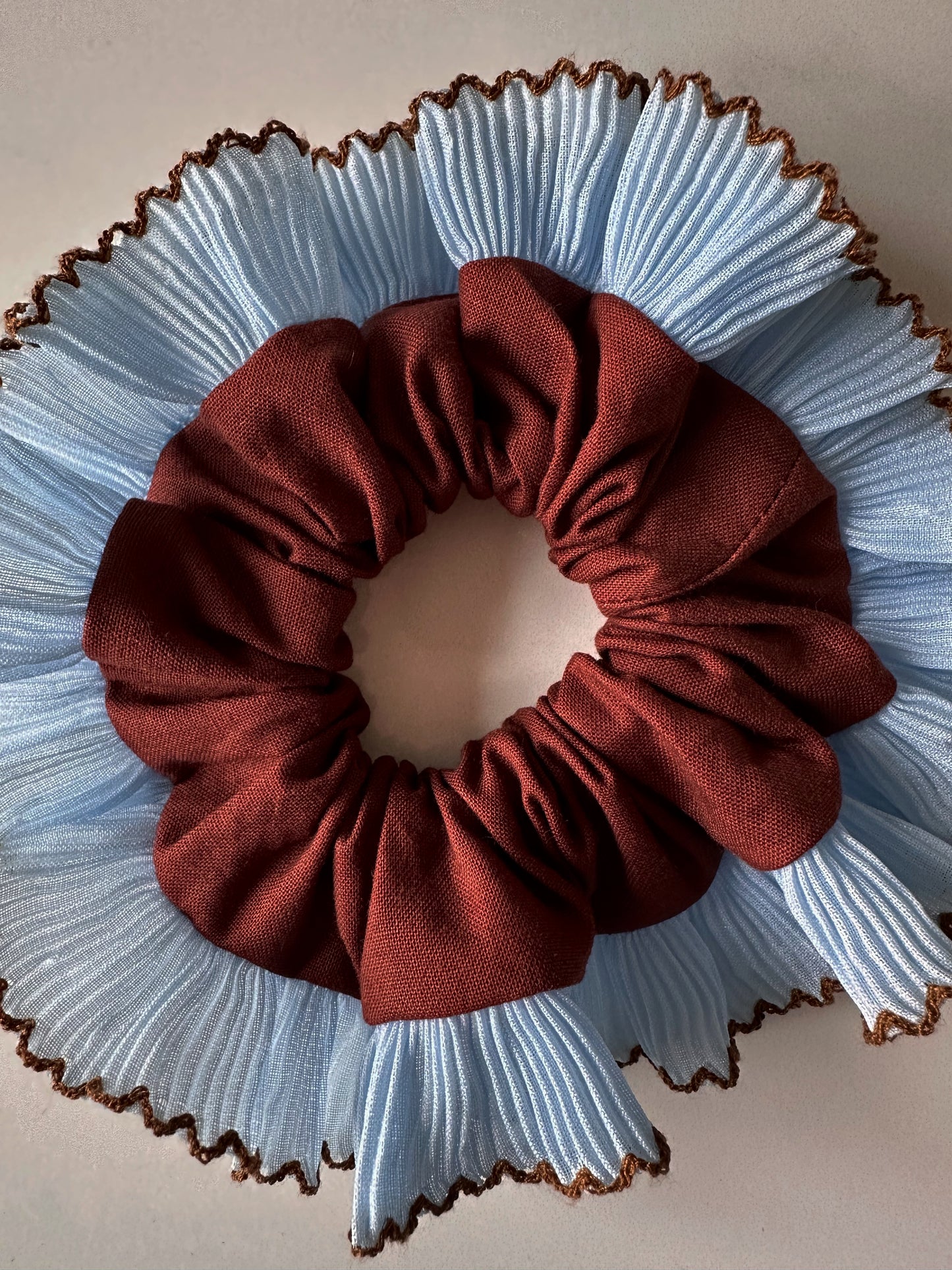Mini Oversized Brown Scrunchie with Baby Blue Frill Trim
