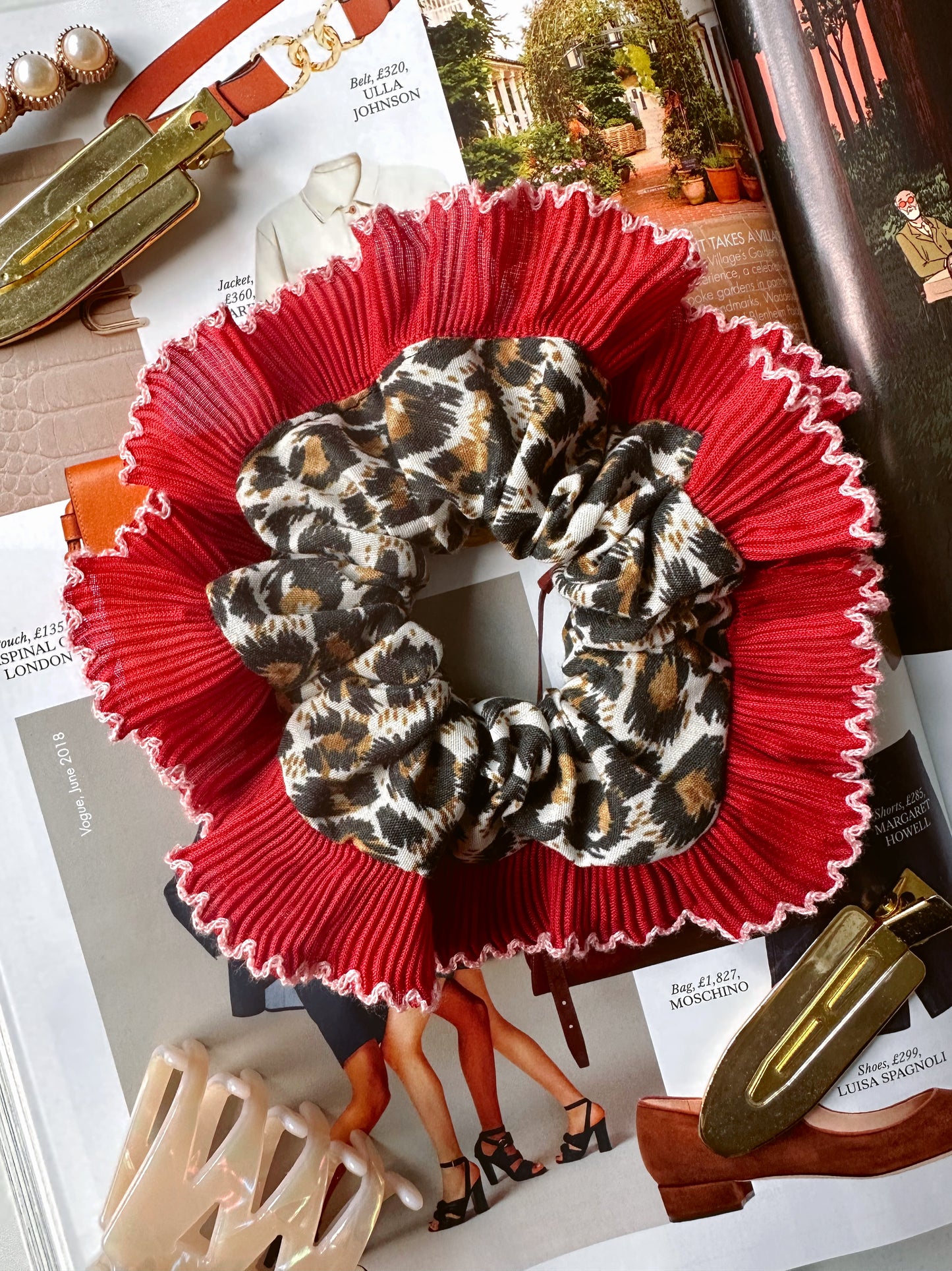 Mini Oversized Leopard Print Scrunchie with a Red Frill Trim