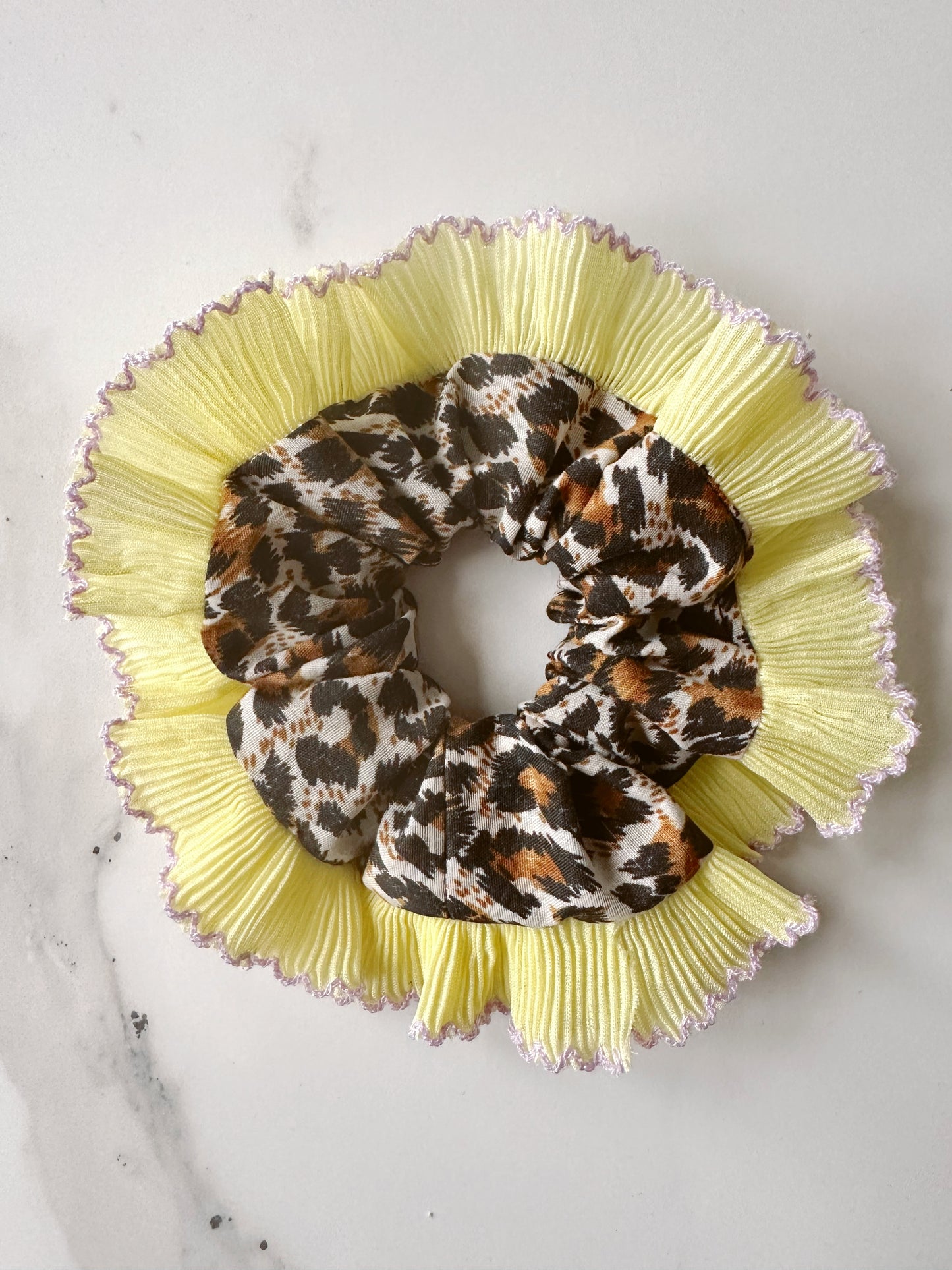 Mini Oversized Leopard Print Scrunchie with a Yellow Frill Trim