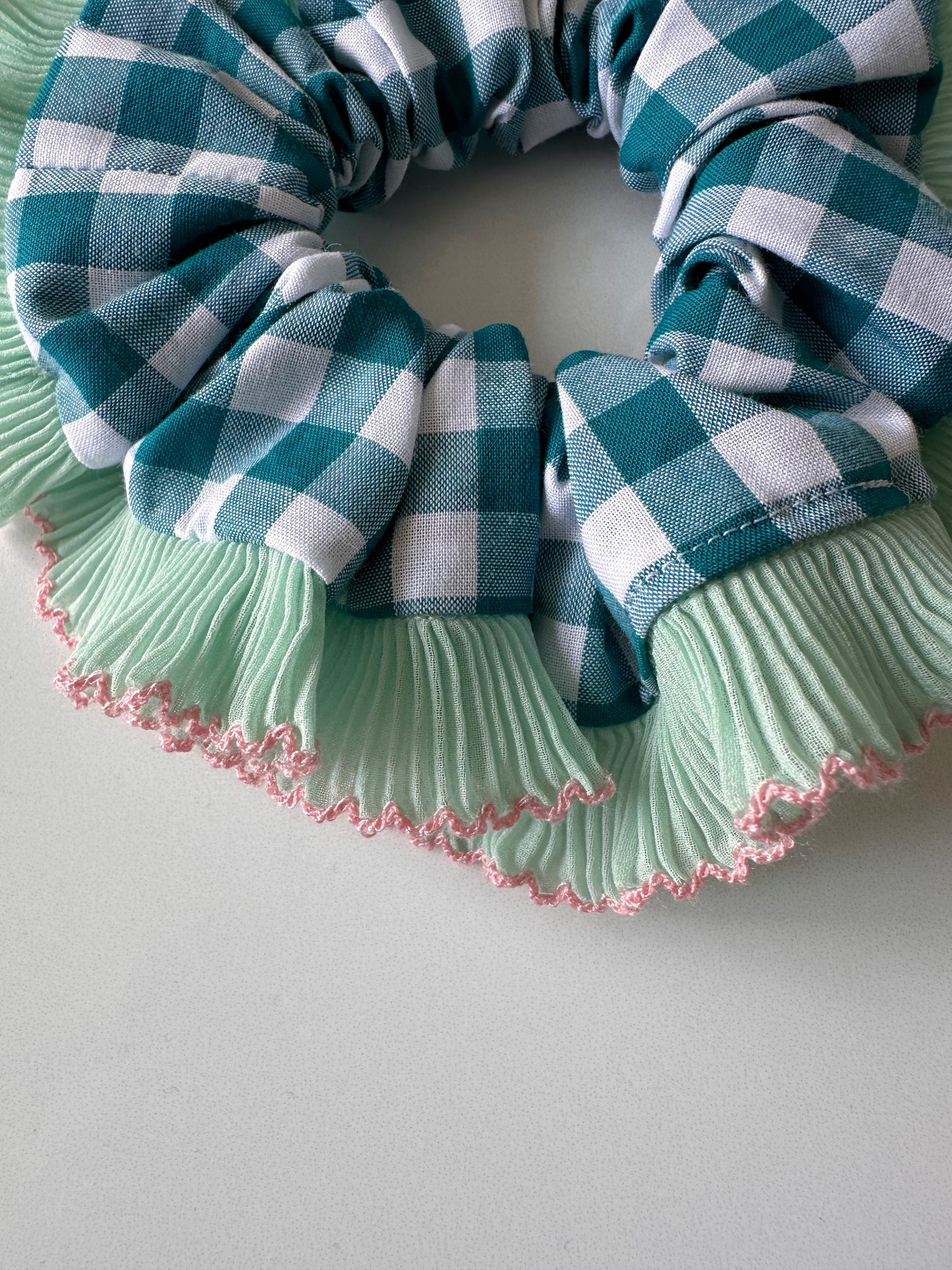 Teal Blue Gingham with Green and Pink Frill Trim