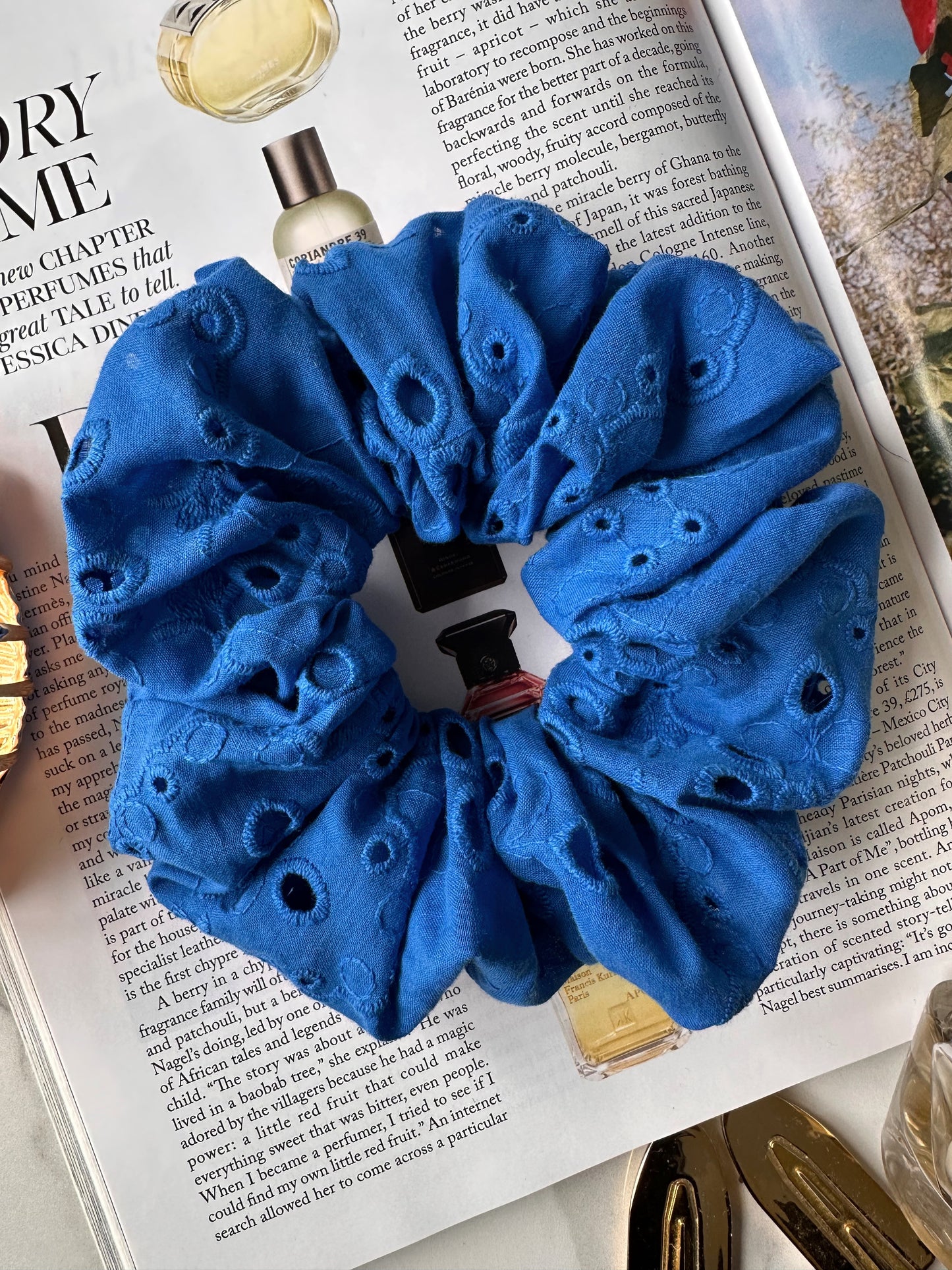 Cobalt Blue Broderie Anglaise Embroidered Scrunchie