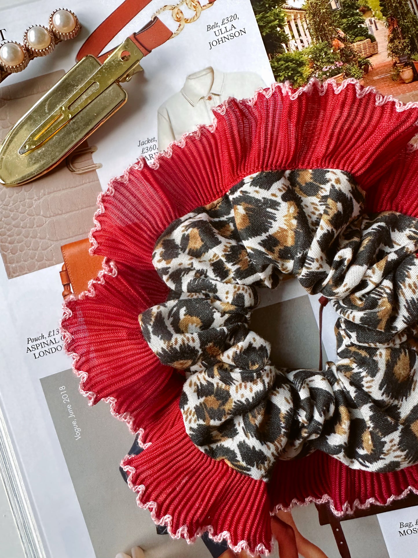 Mini Oversized Leopard Print Scrunchie with a Red Frill Trim