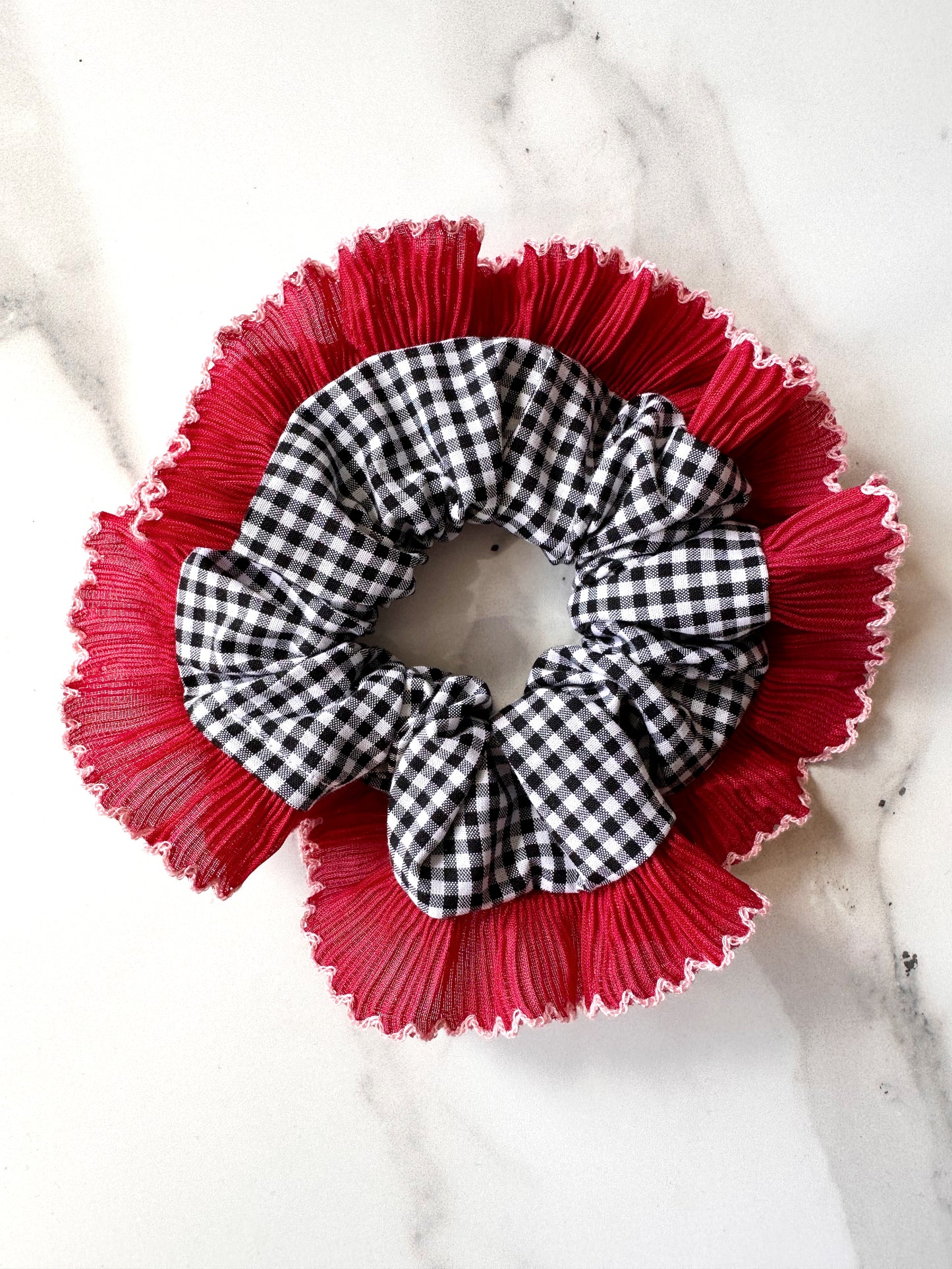 Handmade XL Black Gingham Scrunchie with Red and Pink Frill Trim