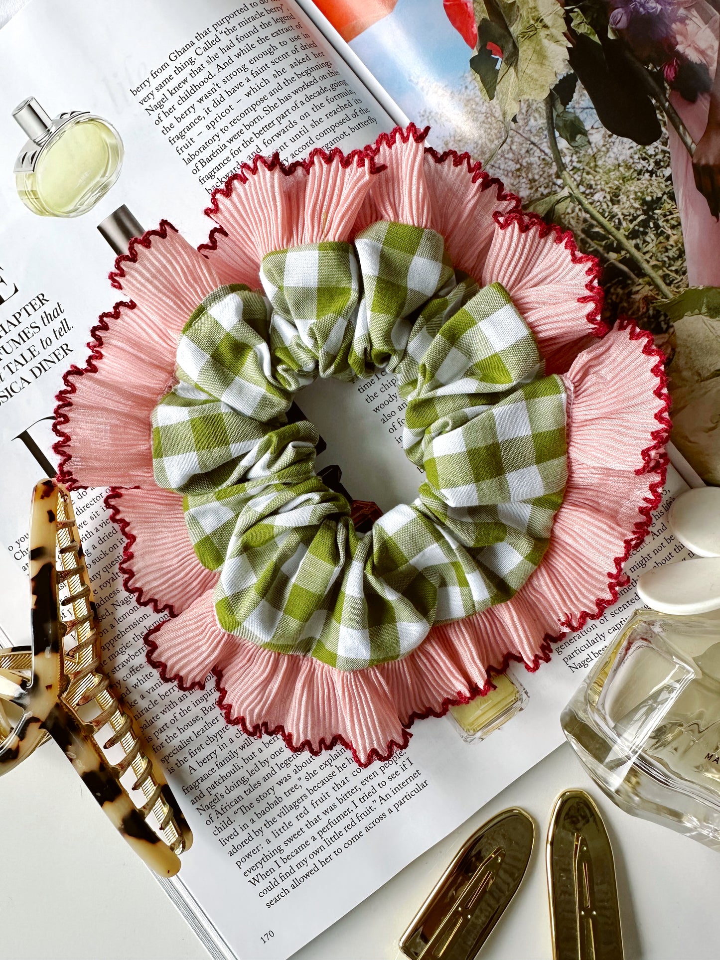 Handmade XL Olive Green Gingham Scrunchie with Pink Frill Trim