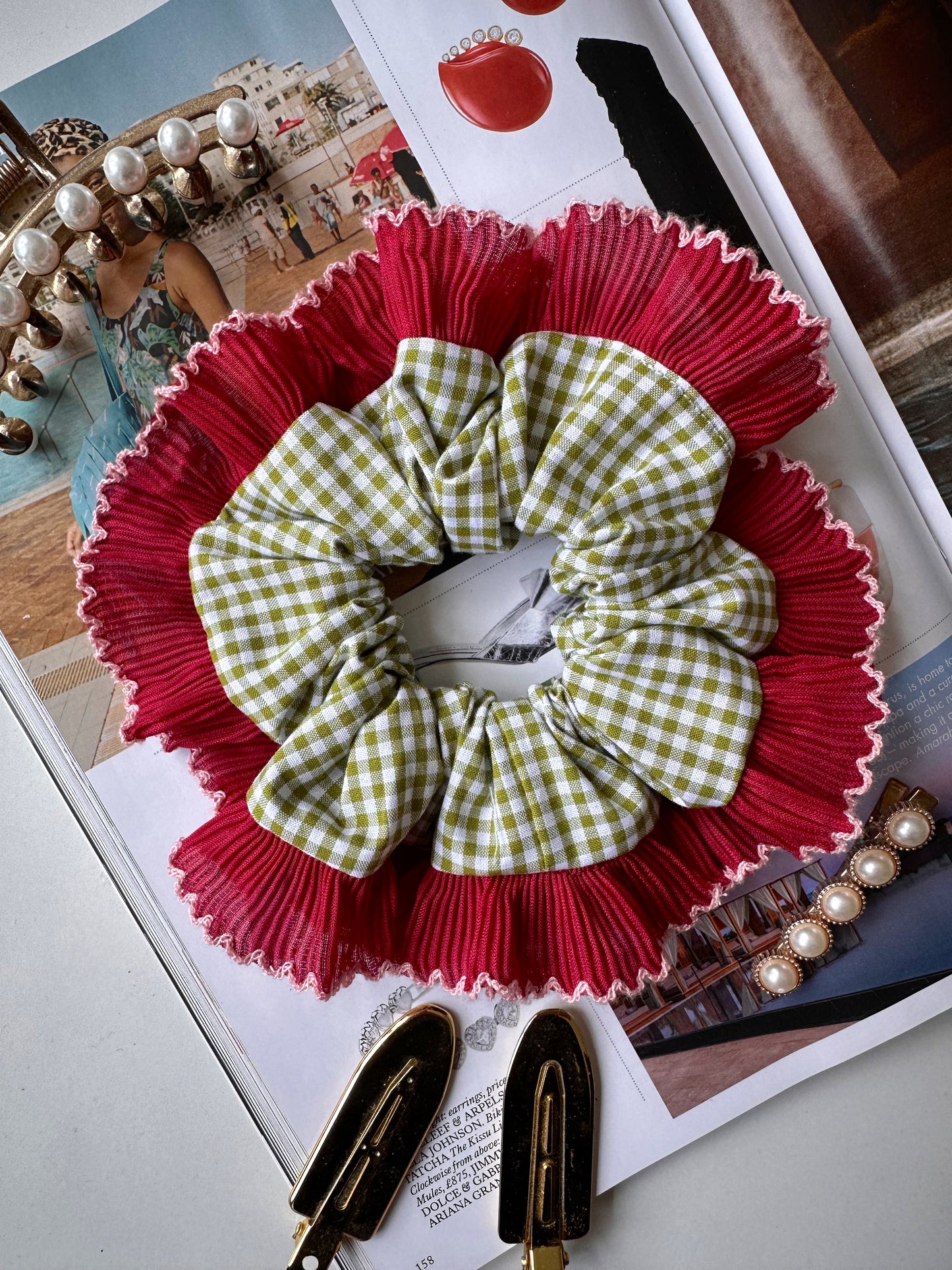 Olive Green Gingham Scrunchie with Red and White Frill Trim