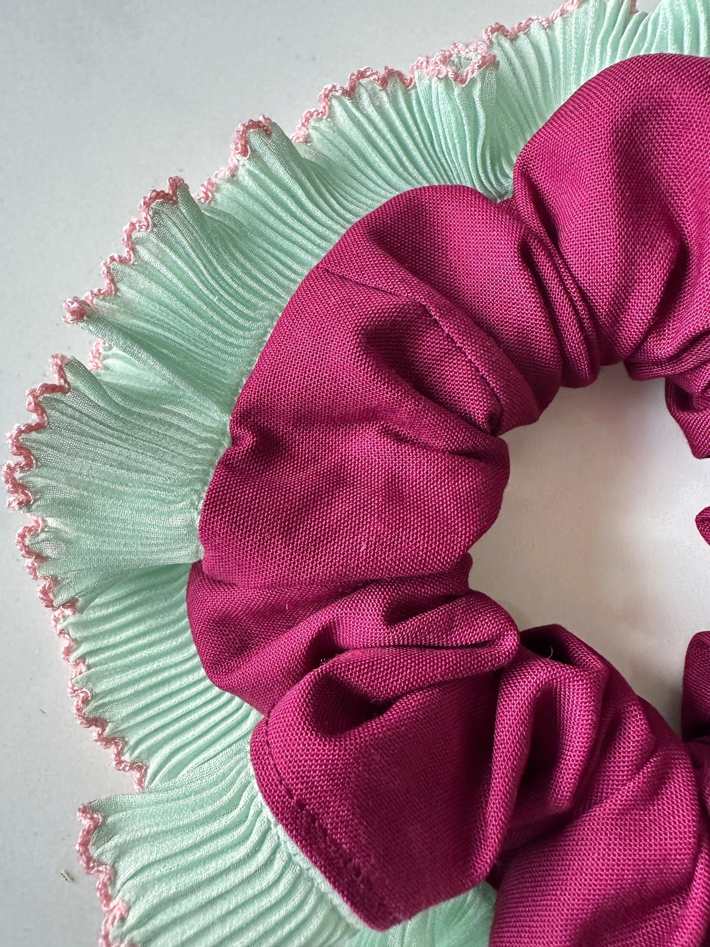 Purple Scrunchie with Green and Pink Frill Trim