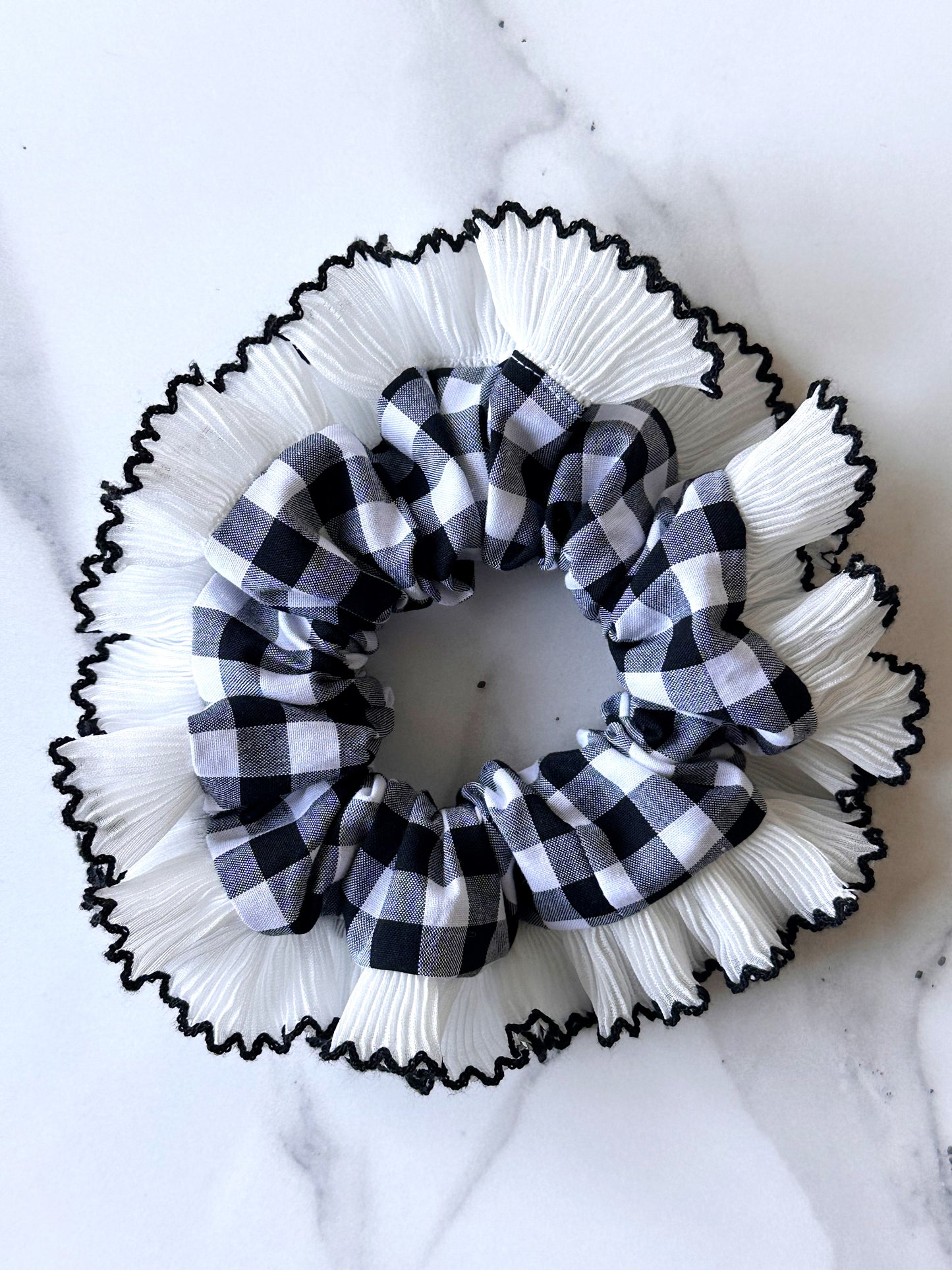 Black Gingham Scrunchie with White and Black Frill Trim