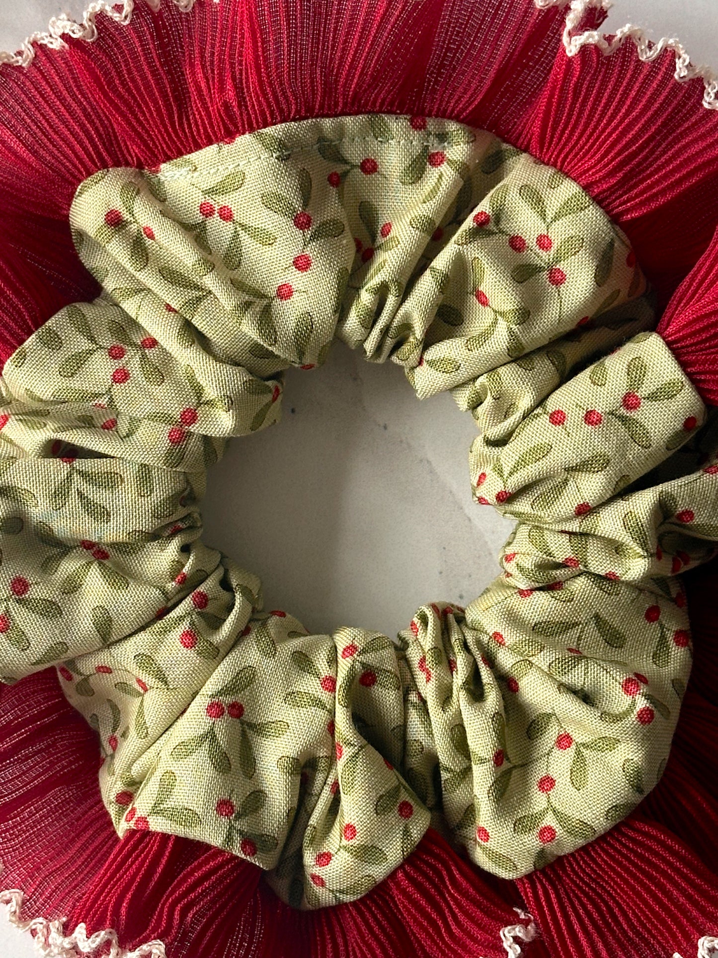 Mistletoe Merry Little Christmas Scrunchie with Red and White Frill Trim