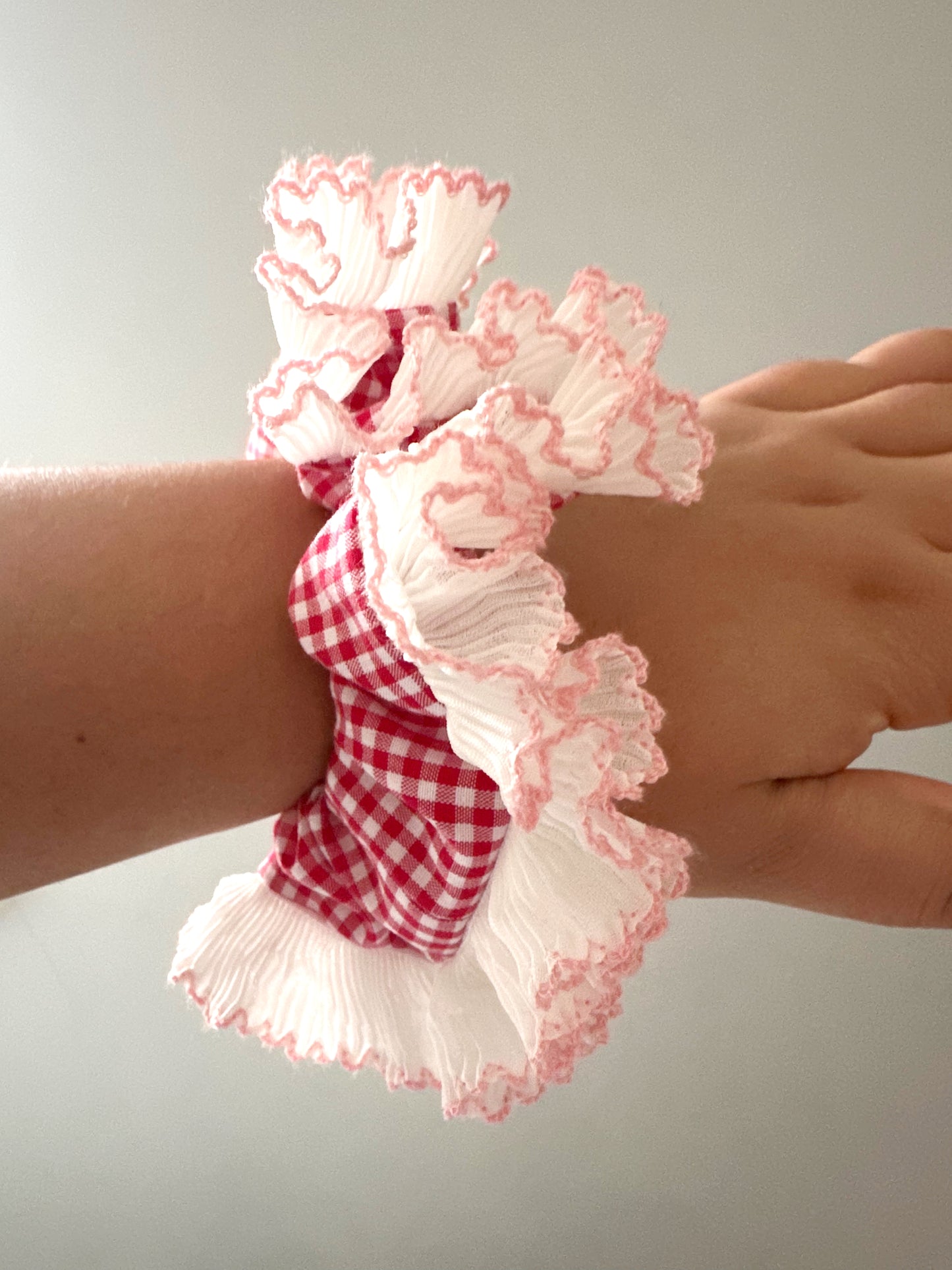 Handmade XL Red Gingham Scrunchie with White and Pink Frill Trim