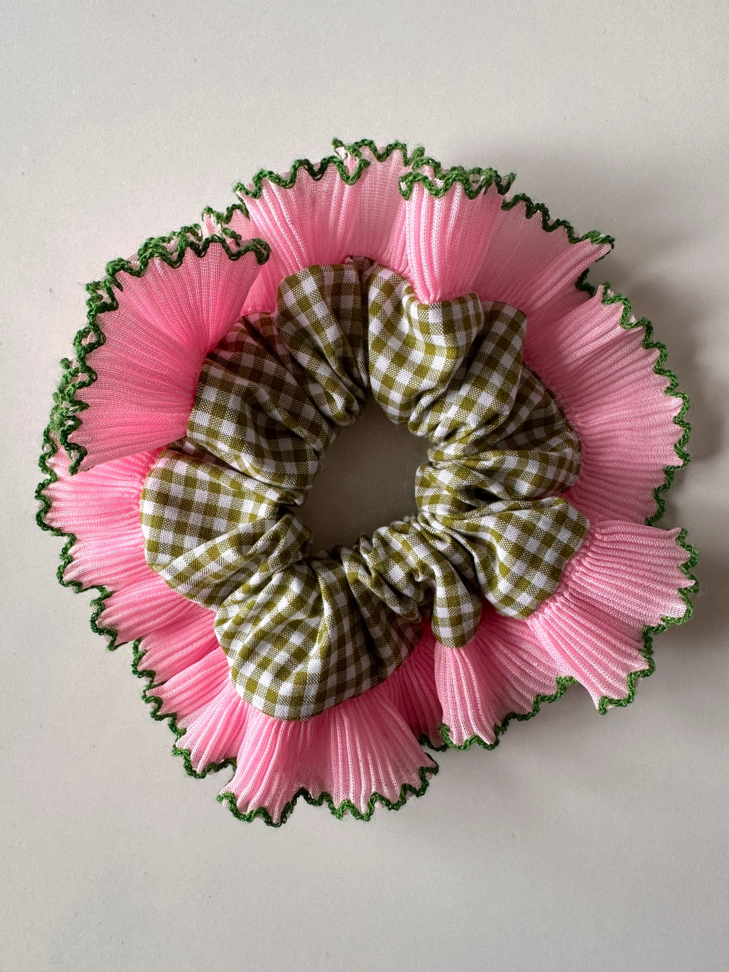 Mini Oversized Olive Green Gingham Scrunchie with Light Pink Frill Trim