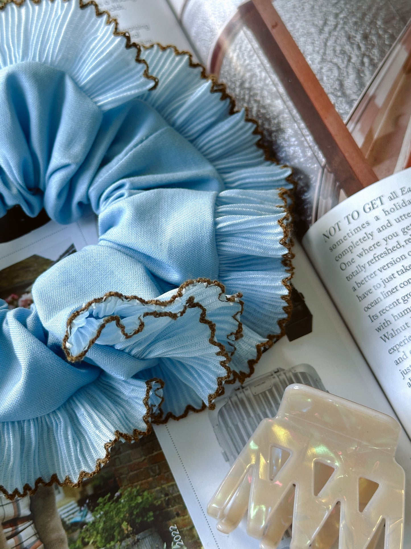 Handmade XL Light Blue Ruffle Scrunchie with Brown Trim