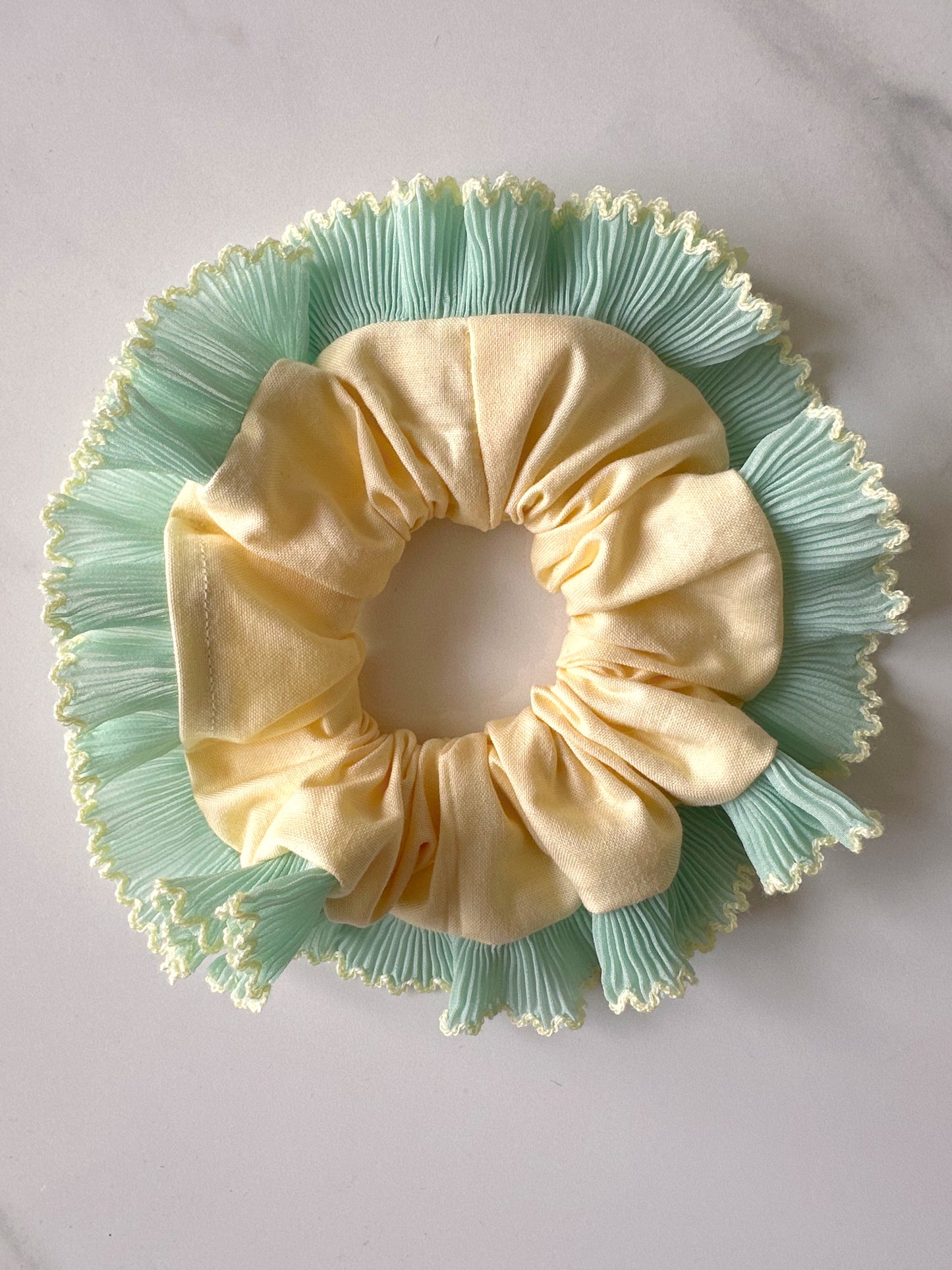 Oversized Butter Yellow Scrunchie with Mint Green Frill Trim