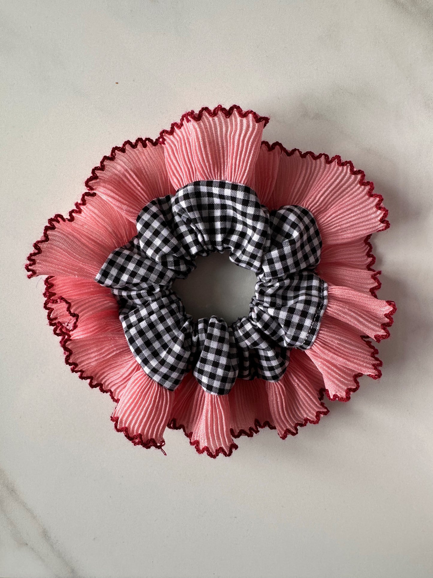 Mini Oversized Black Gingham Scrunchie with Pink Frill Trim