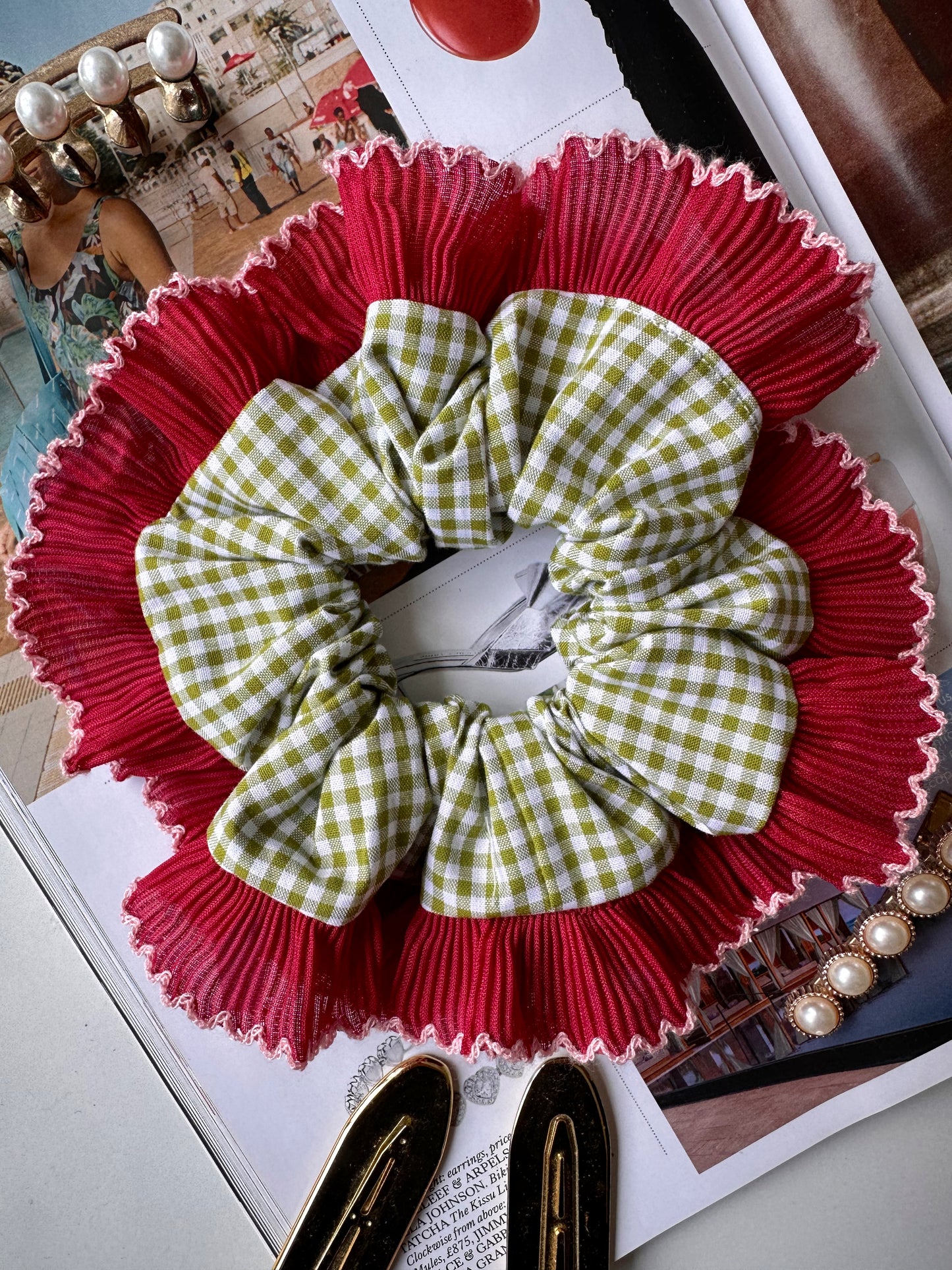Olive Green Gingham Scrunchie with Red and White Frill Trim
