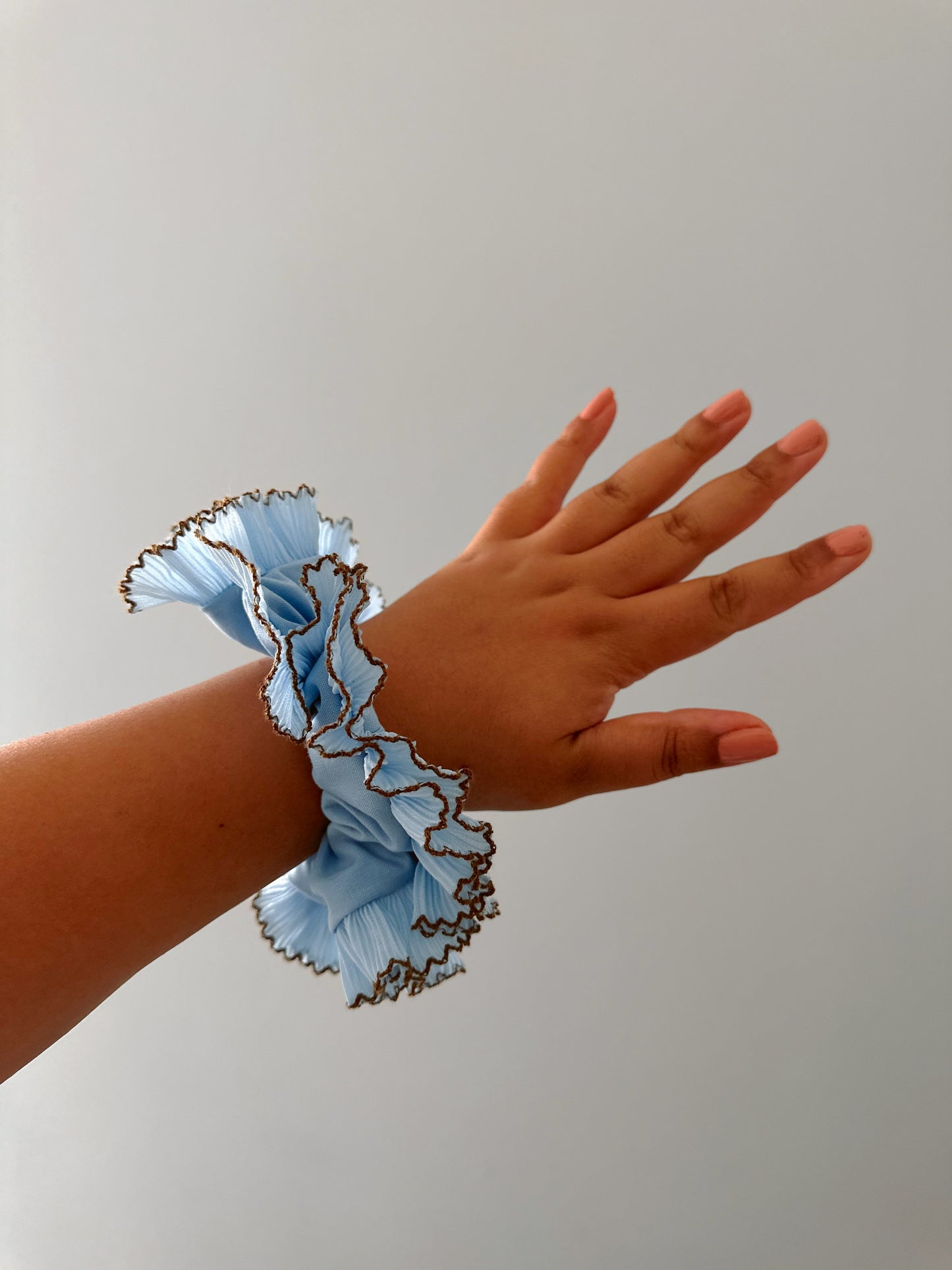 Handmade XL Light Blue Ruffle Scrunchie with Brown Trim