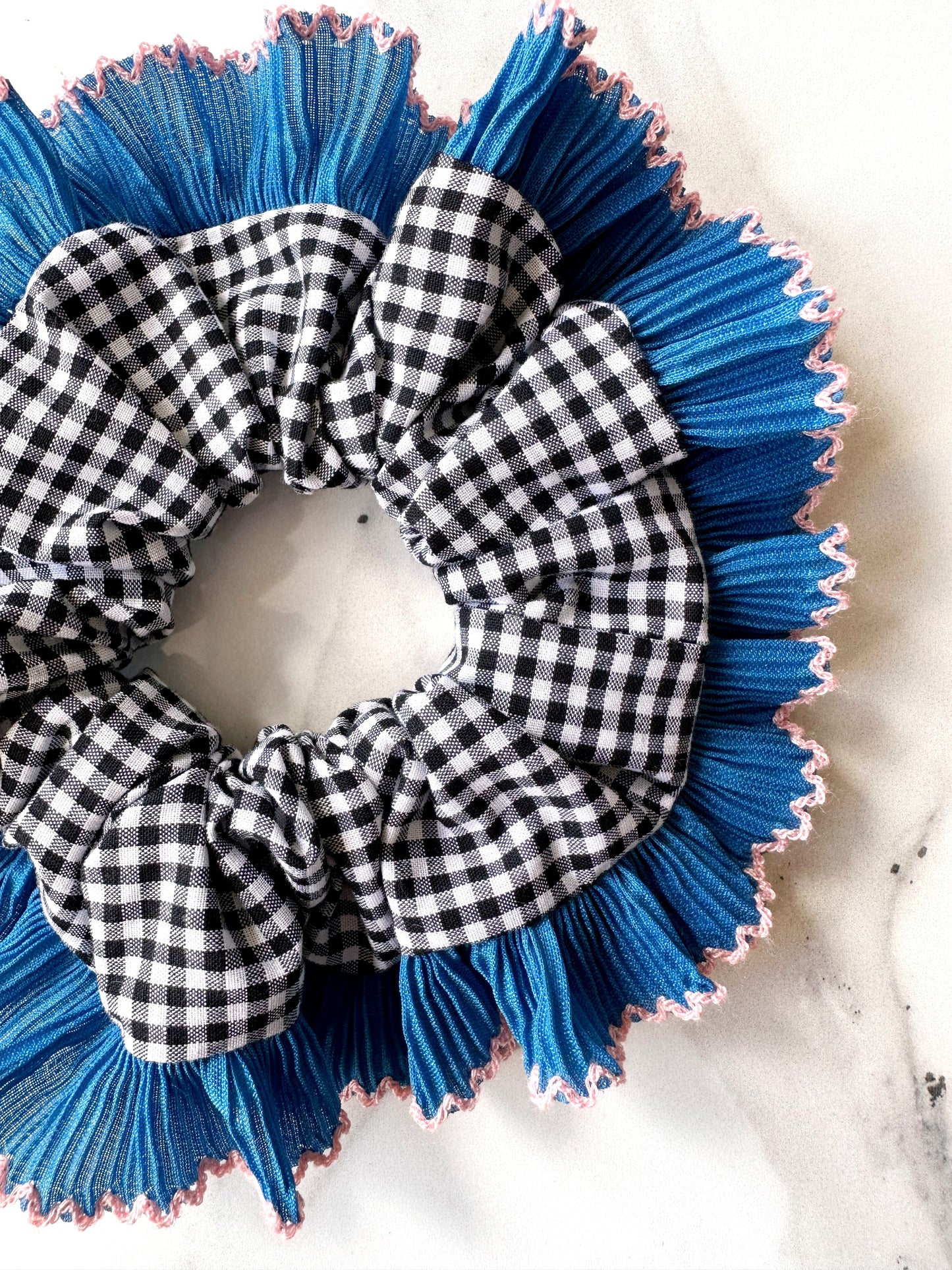 Handmade XL Black Gingham Scrunchie with Blue and Pink Frill Trim