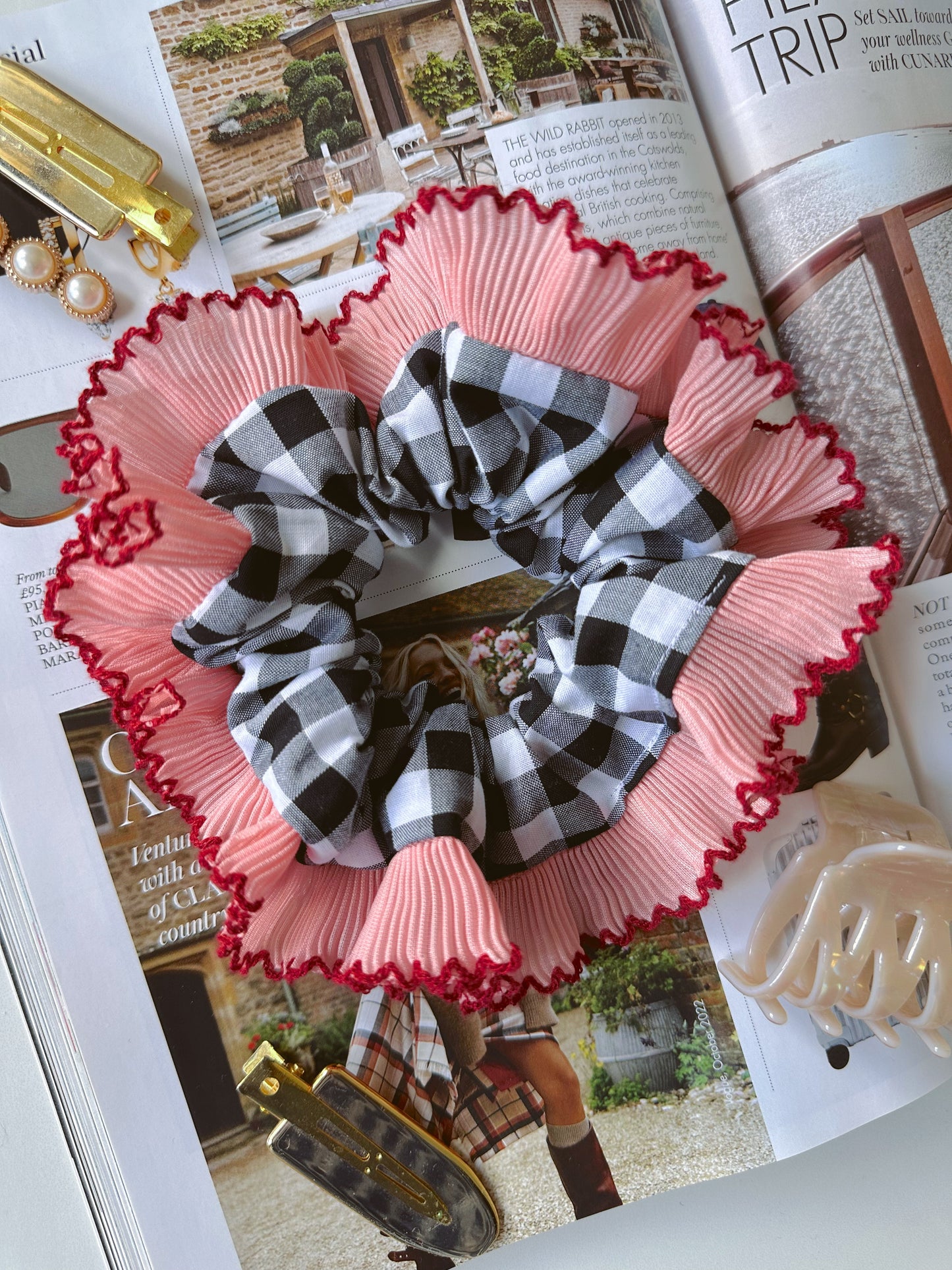 Handmade XL Black Gingham Scrunchie with Pink and Red Frill Trim