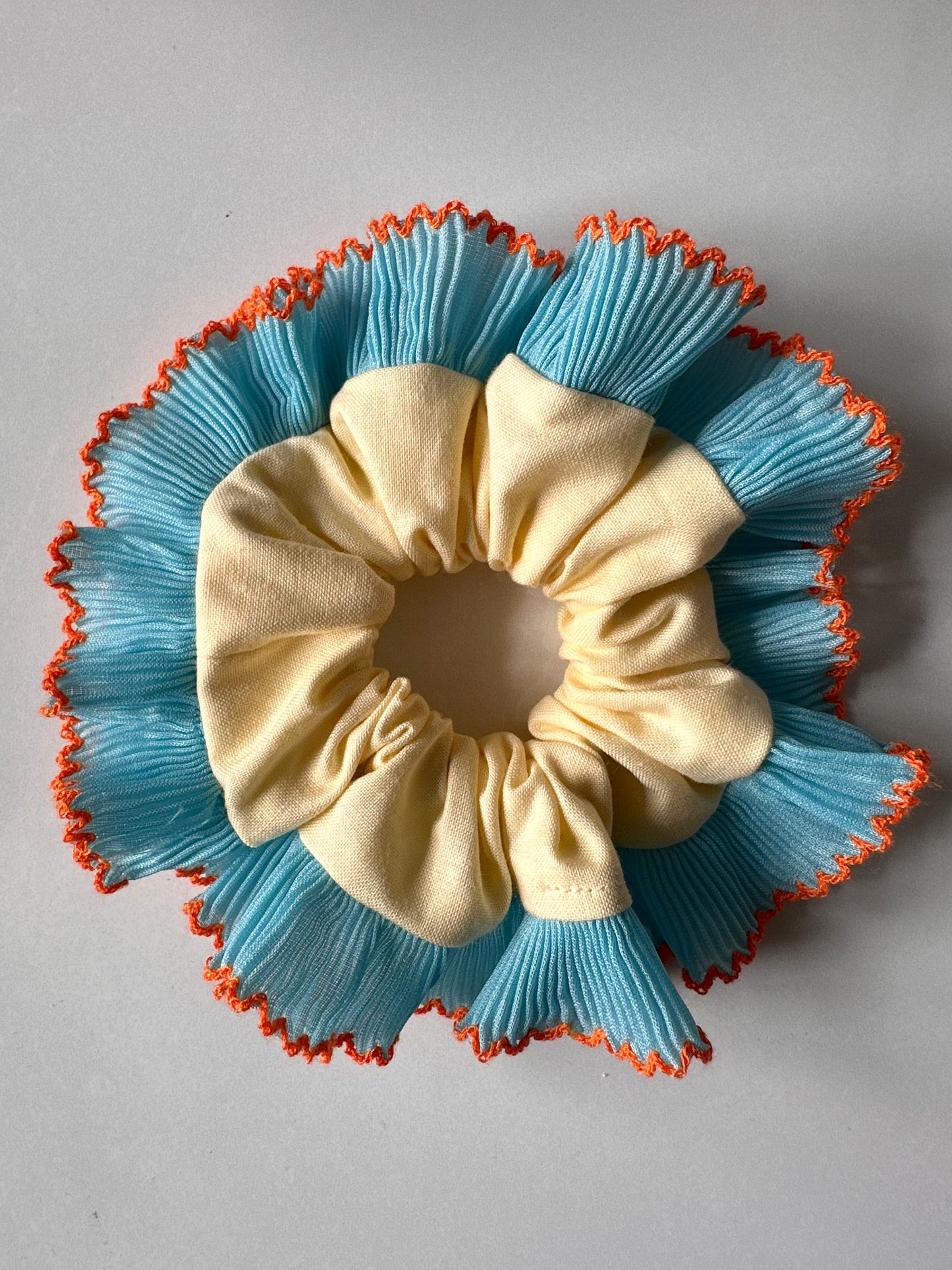 Mini Oversized Butter Yellow Scrunchie with Blue Frill Trim