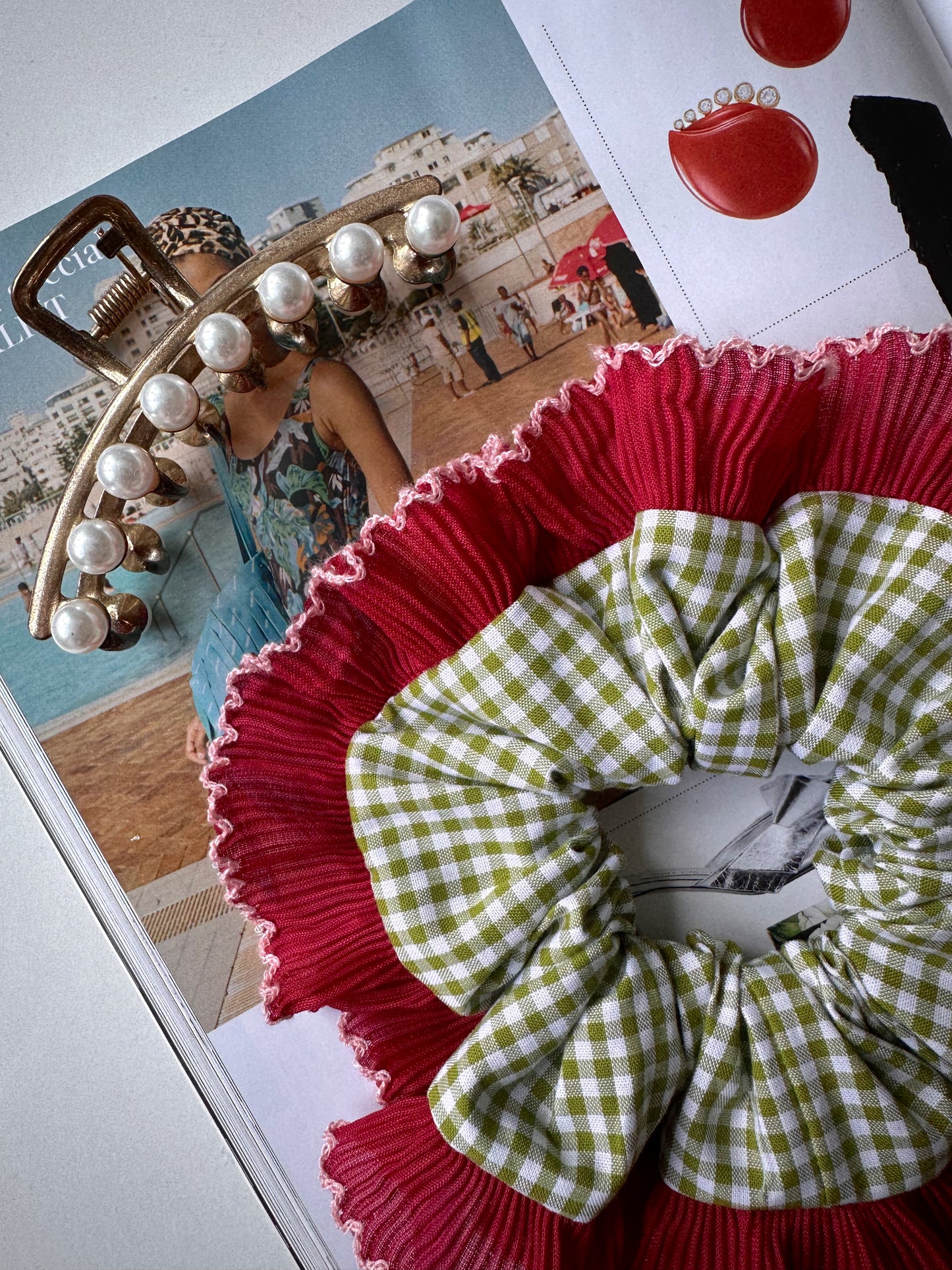 Olive Green Gingham Scrunchie with Red and White Frill Trim