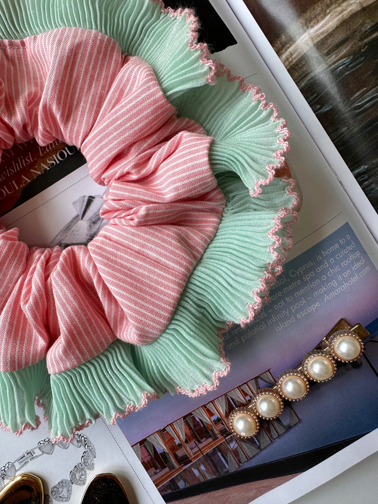 Pink Striped Scrunchie with Green and Pink Frill Trim