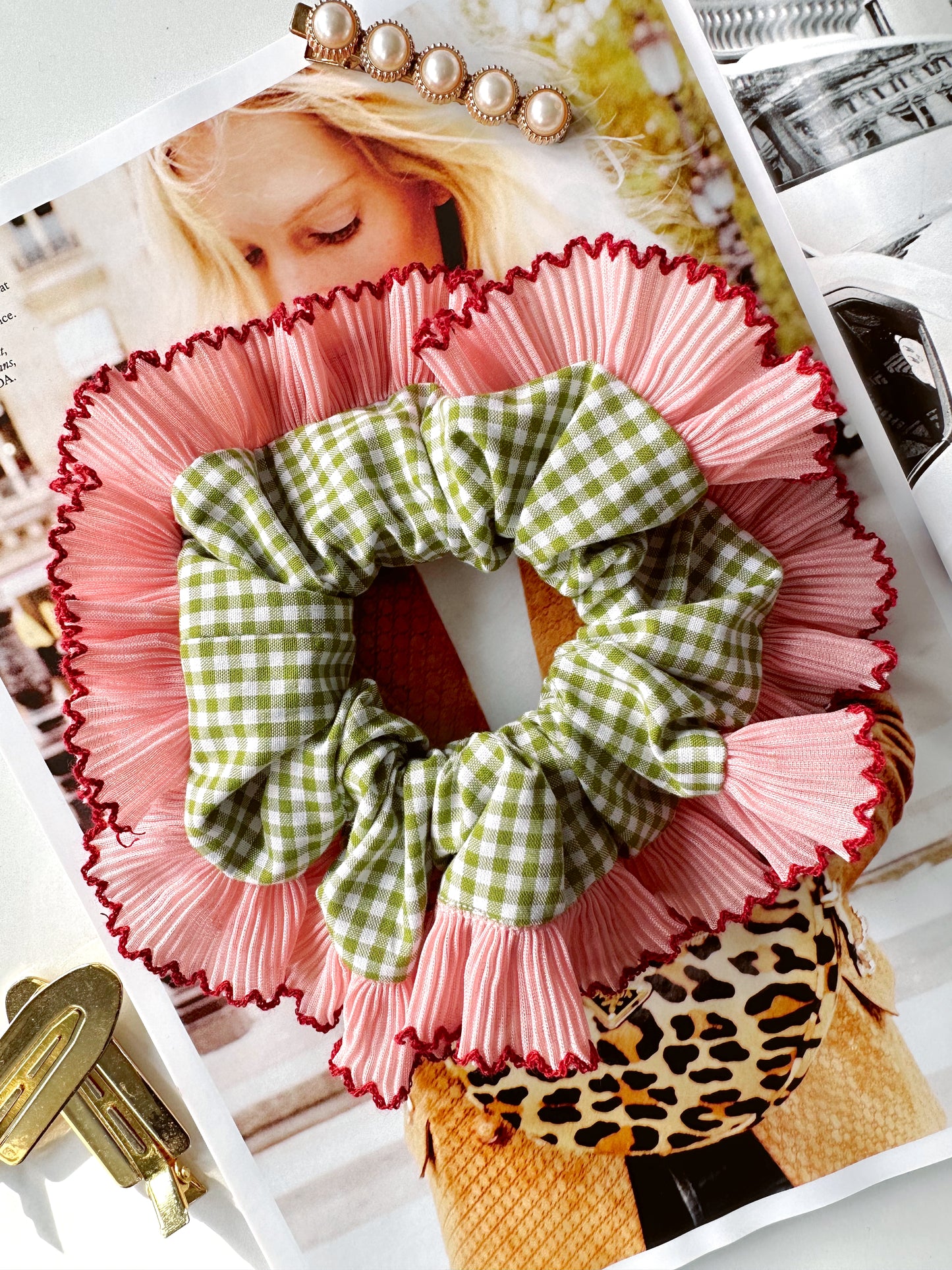 Handmade XL Olive Green Gingham Scrunchie with Pink and Red Frill Trim