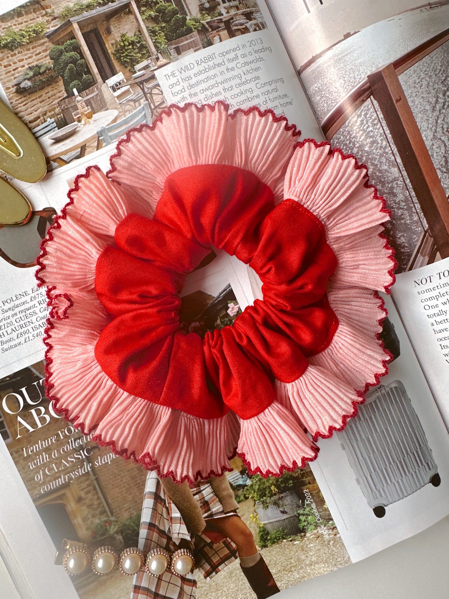 Mini Oversized Red Scrunchie with Pink and Red Frill Trim