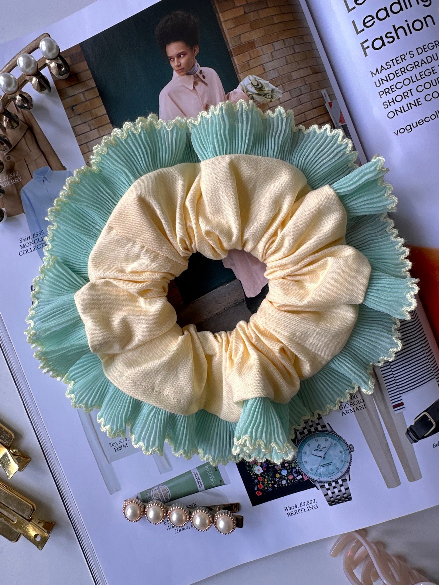 Oversized Butter Yellow Scrunchie with Mint Green Frill Trim