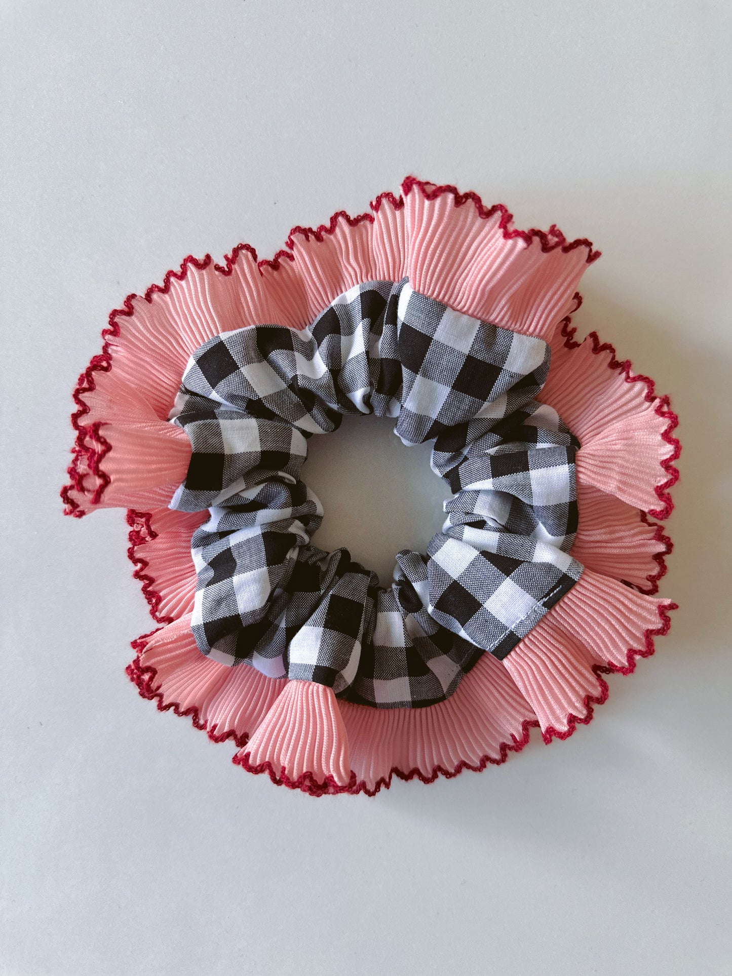 Handmade XL Black Gingham Scrunchie with Pink and Red Frill Trim