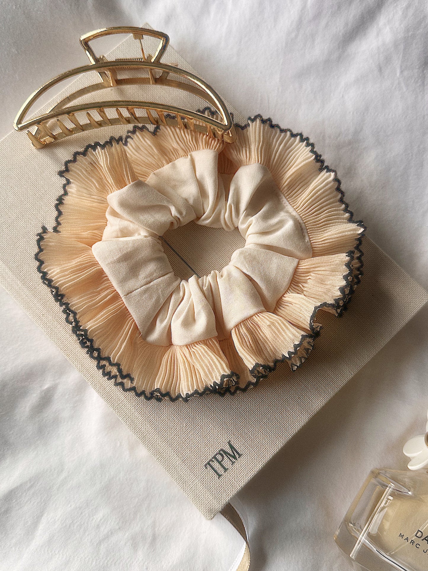Smaller Oversized Ivory Scrunchie with Ivory and Black Frill Trim