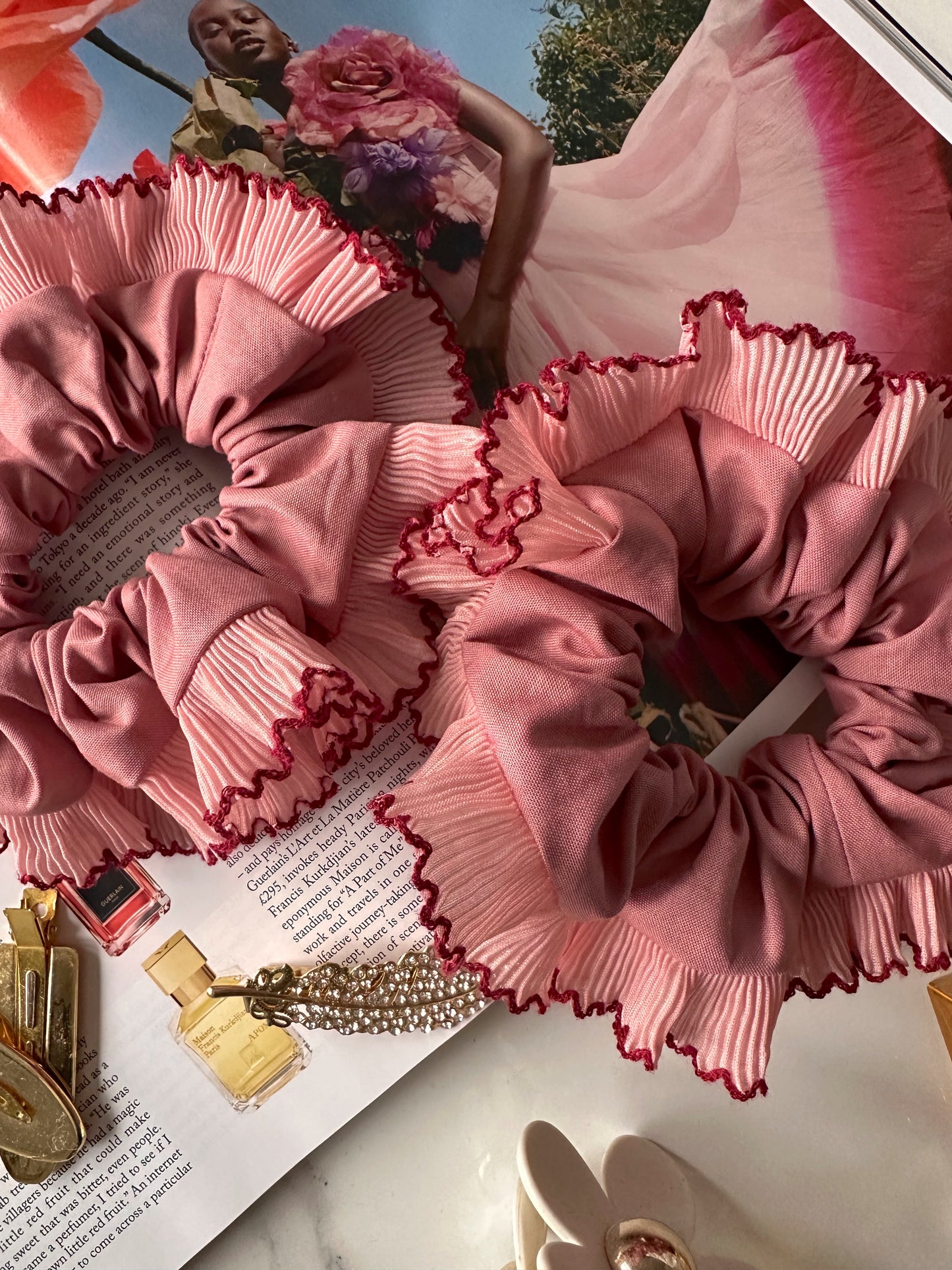 XL Dusk Pink Scrunchie with Pink and Red Frill Trim