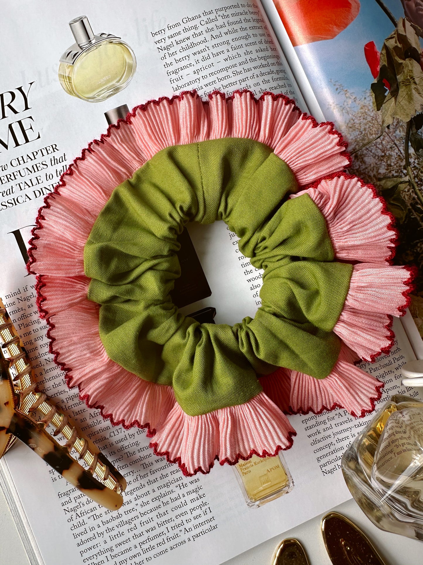 Handmade XL Olive Green Scrunchie with Pink Frill Trim