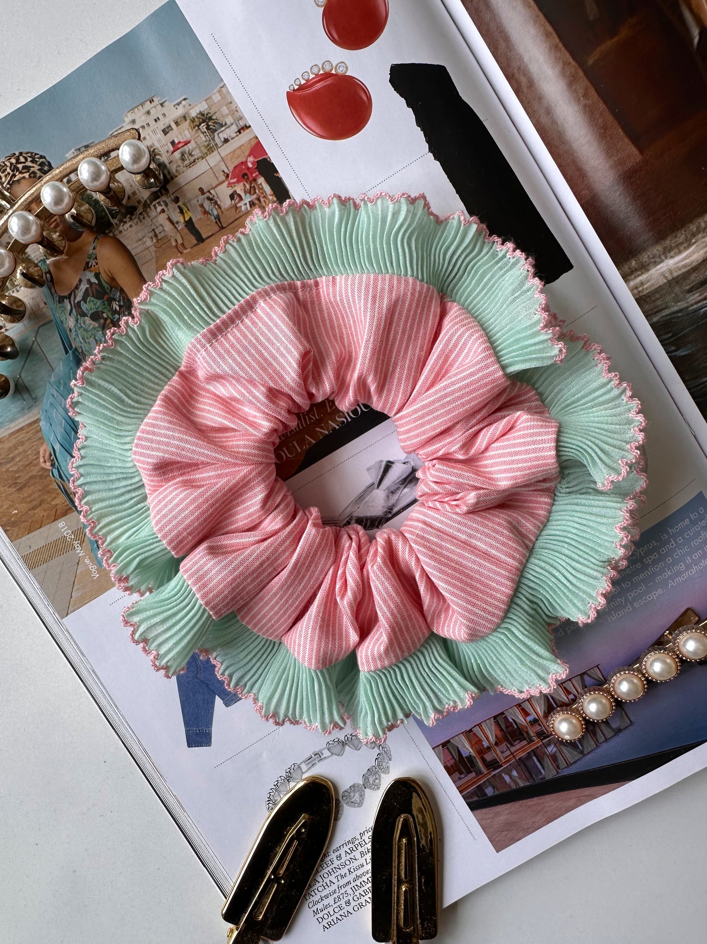 Pink Striped Scrunchie with Green and Pink Frill Trim
