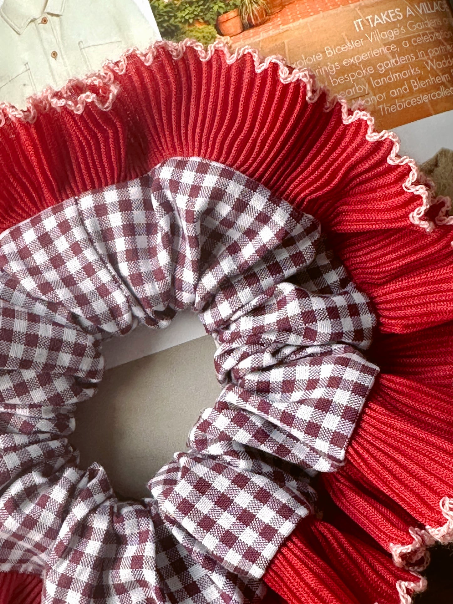 Mini Mulberry Gingham Scrunchie with Red Frill Trim