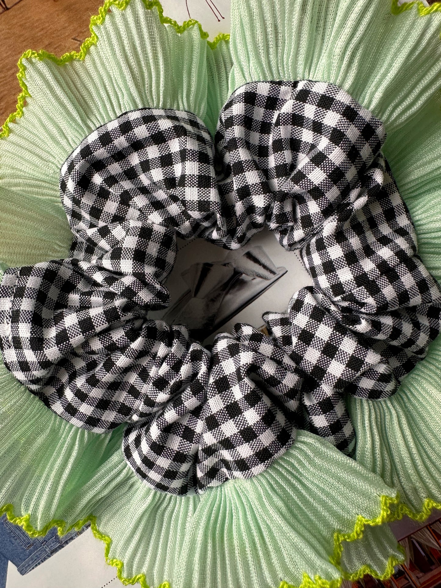 Mini Oversized Black Gingham Scrunchie with Green Frill Trim