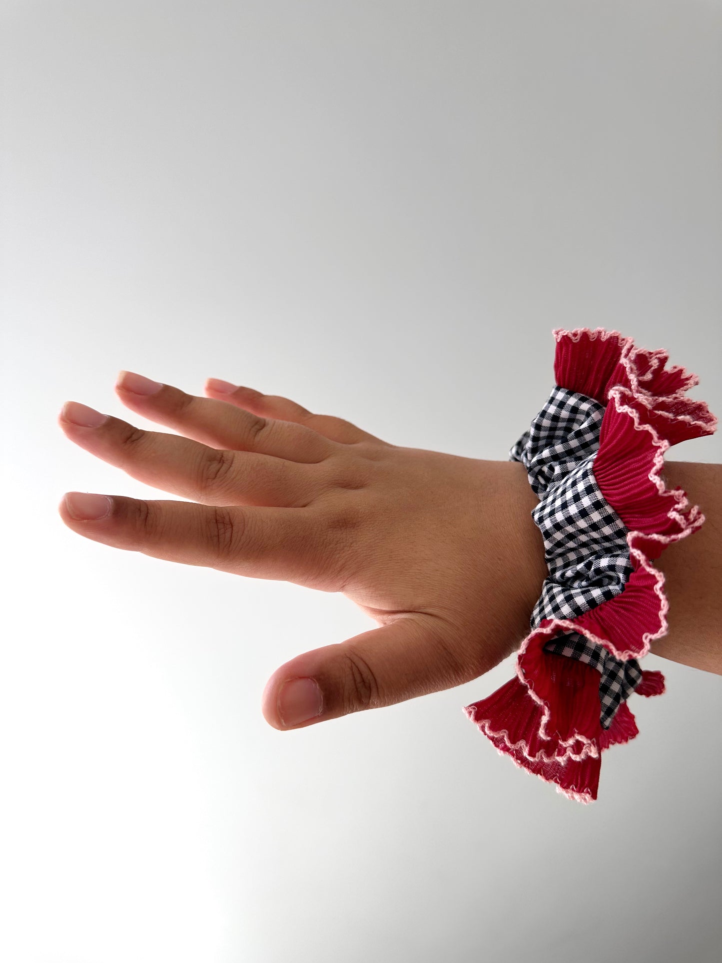 Handmade XL Black Gingham Scrunchie with Red and Pink Frill Trim